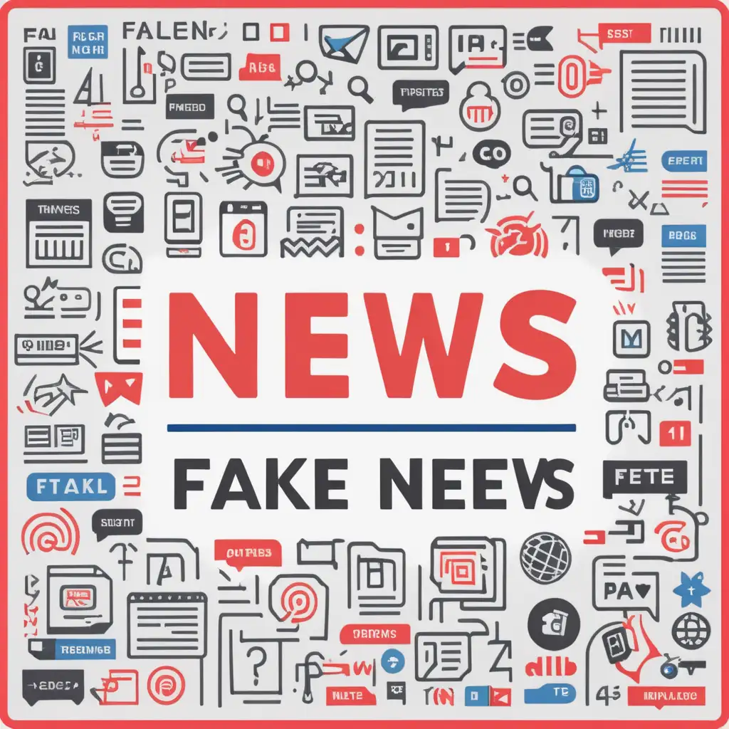 Create me a 100 pixel wide color icon that shows how to recognize fake news and false information. The icon should contain the text: "Fake news"