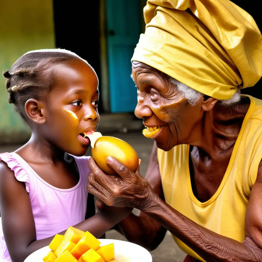 A light brown elderly Jamaican lady with wrapped head gives a slice of pudding to a little girl who is bright eyed and is peeling away a golden looking mango with her teeth. Mango juice is on the little girl’s chin.
