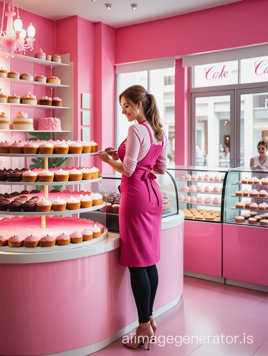 Cake lady in a pink cake shop and a lot of clients purchasing and eating cake