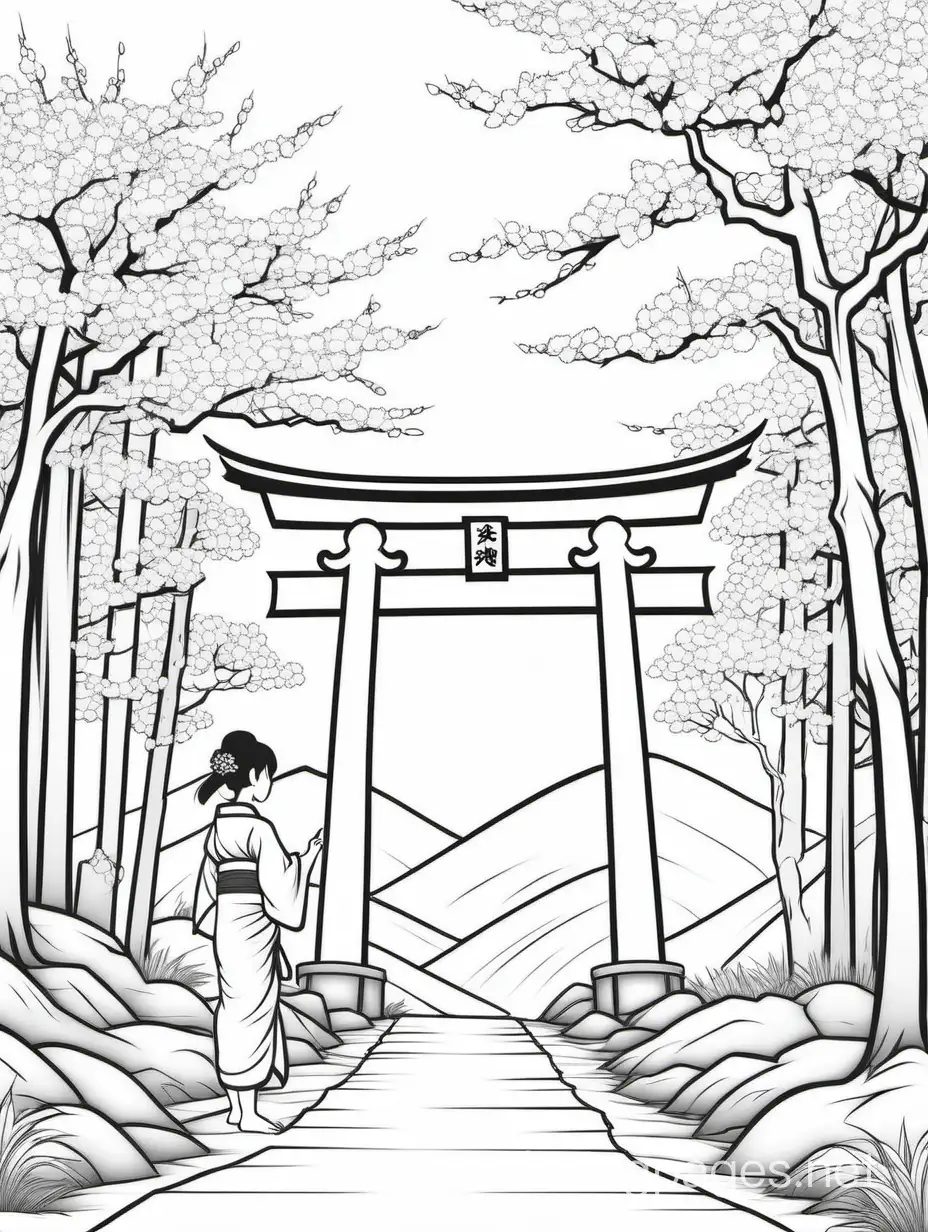 I need three things from Japanese Culture: Cherry blossom trees, a person wearing a kimono and Torii Gate., Coloring Page, black and white, line art, white background, Simplicity, Ample White Space. The background of the coloring page is plain white to make it easy for young children to color within the lines. The outlines of all the subjects are easy to distinguish, making it simple for kids to color without too much difficulty