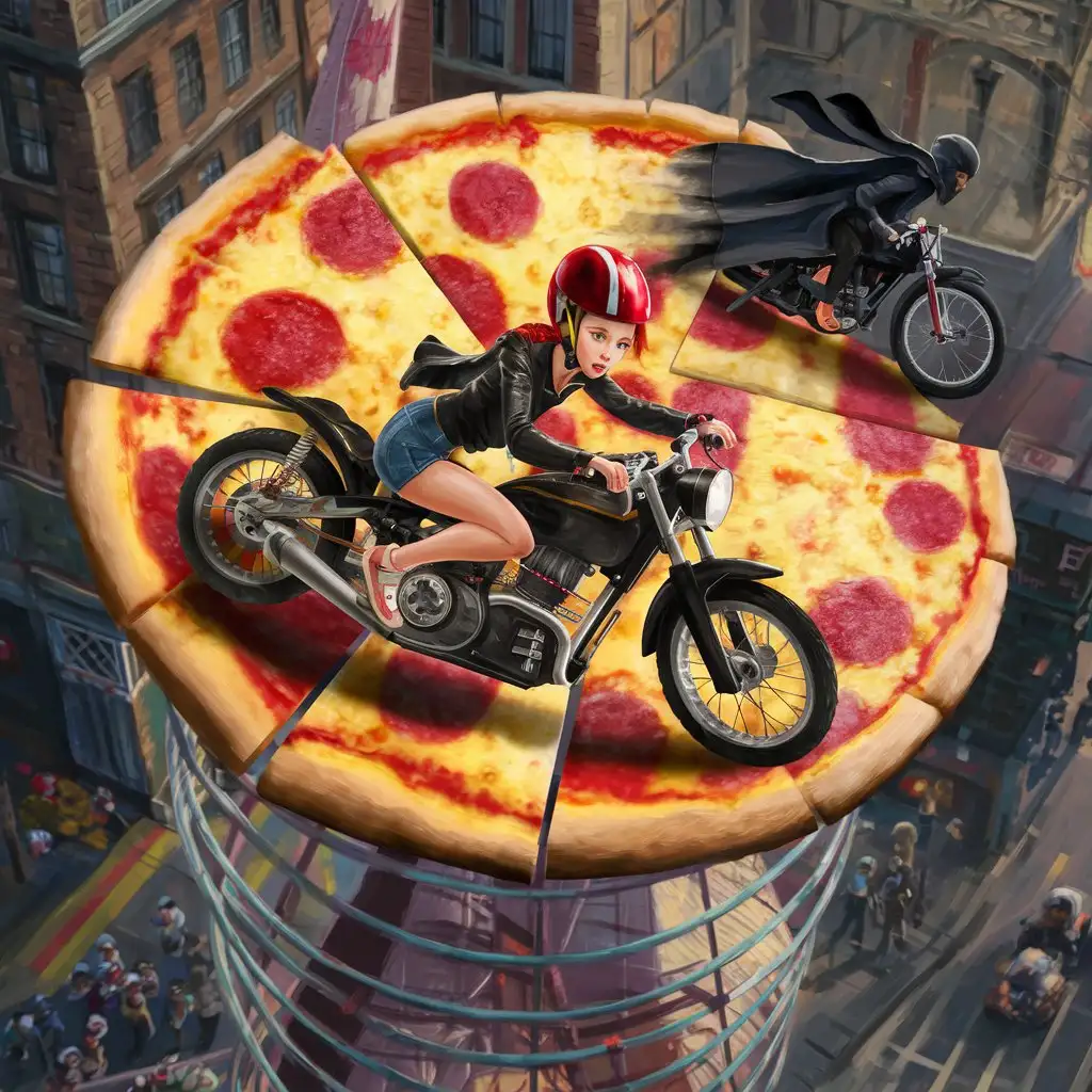 two bikers are racing on the pizza tower. one of the bikers is a petite beautiful girl with red short hair

