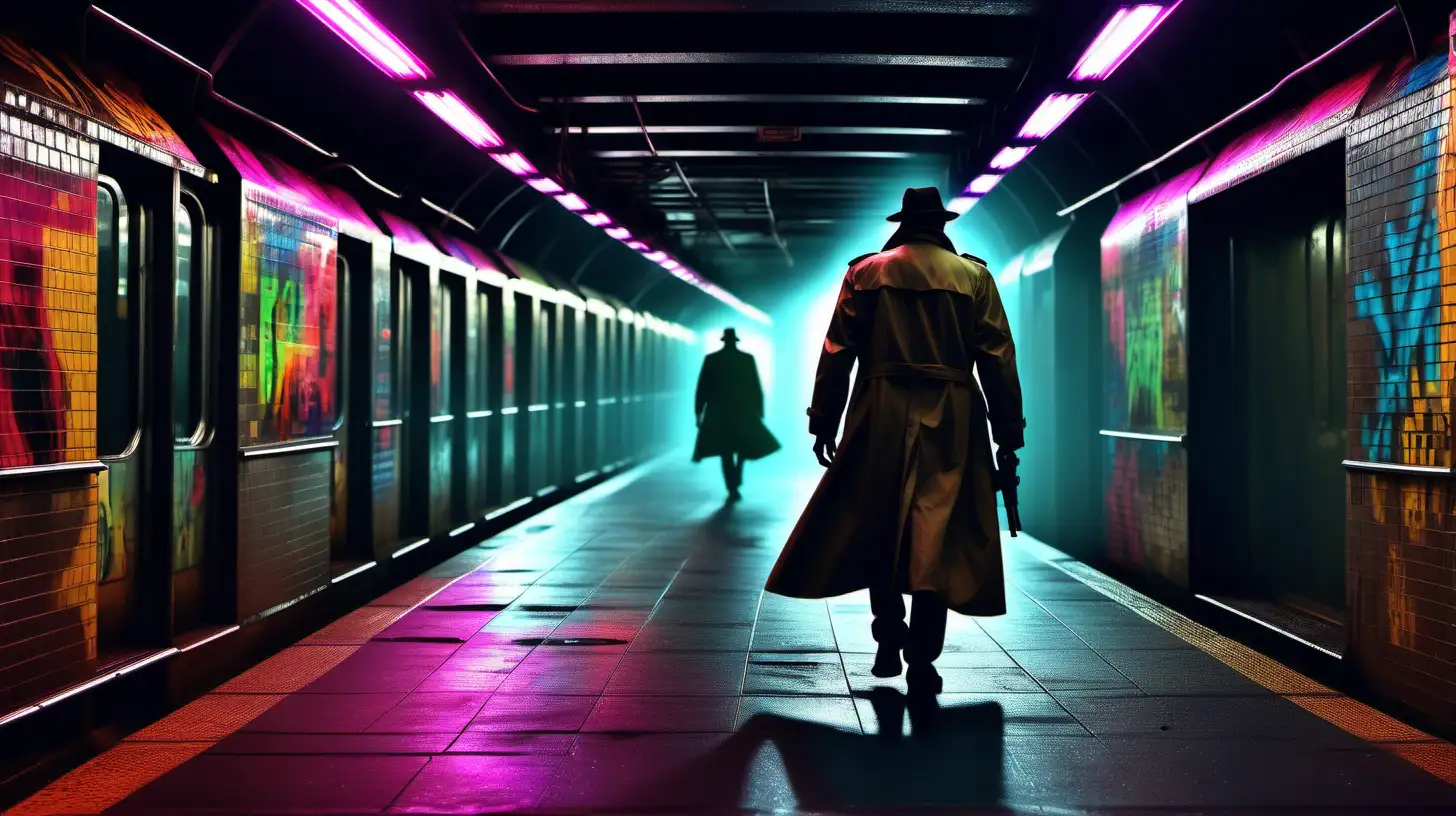 high quality, 8K Ultra HD, highly detailed, masterpiece, super realistic, masterpiece of the silhouette of a man with a gun wearing a trenchcoat walking down a subway tunnel, phantasmagorical figure, art, neon lights, colorful, cmyk colors, enhance beauty, full body, extremely hyper detailed, cinematic 8k, model photography
