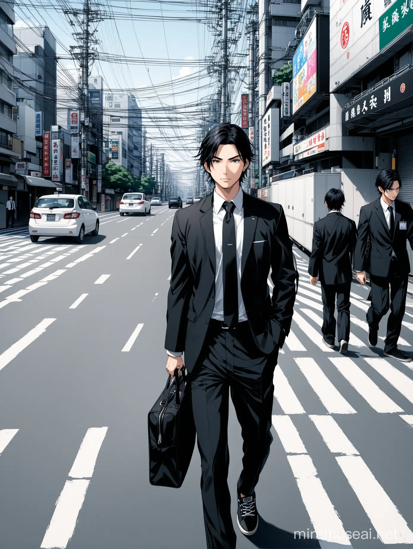 A handsome young man with black hair works as a sales representative. He wears a black suit, a white shirt, and a black tie. He wears long black Converse shoes. He carries a bag on his shoulder and walks in central Tokyo, around buildings and billboards. He walks on the sidewalk, and on the road there are many cars and electricity poles distributed over...  The road.