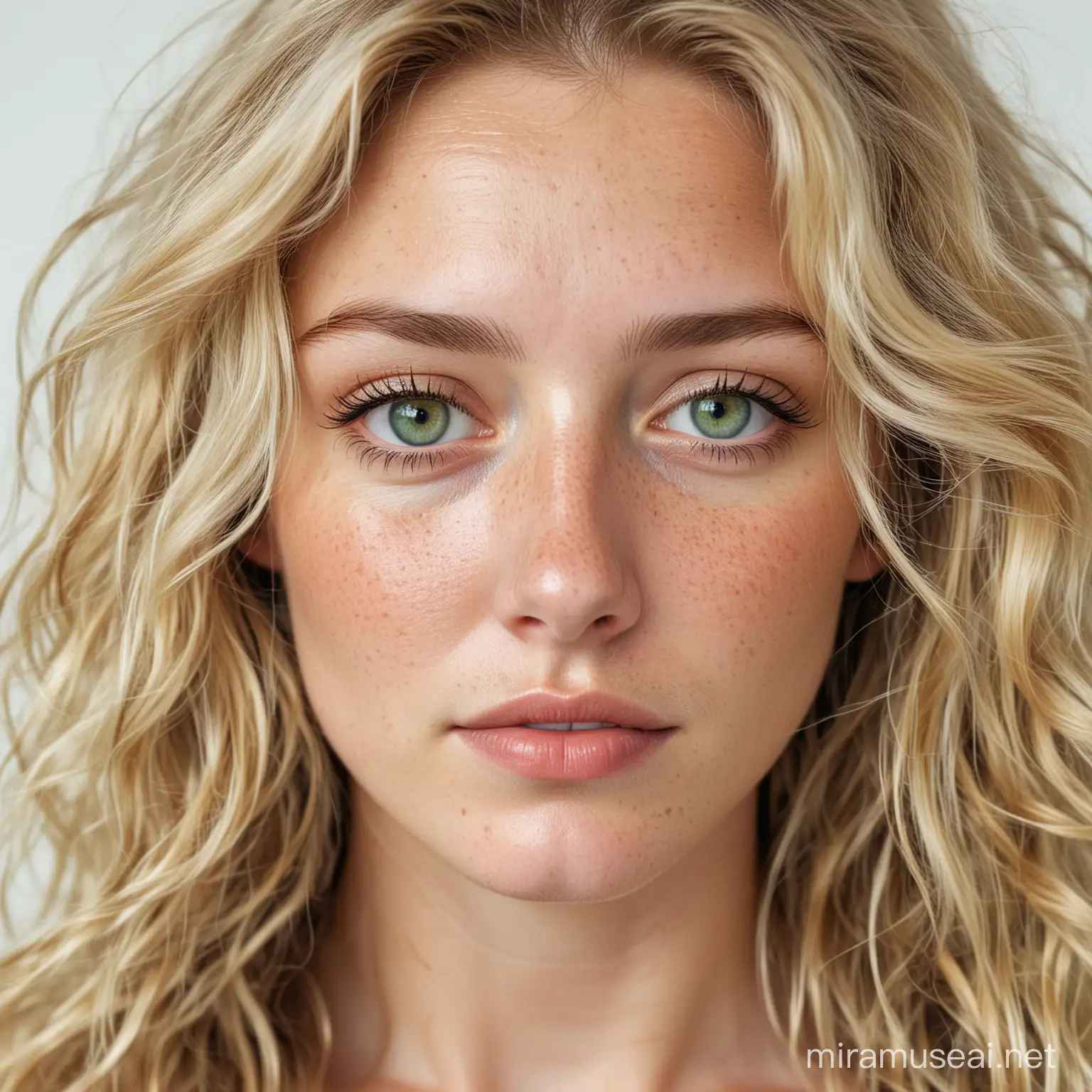 A beautiful blonde woman with long wavy hair and green eyes.  Give her just a smattering of freckles.