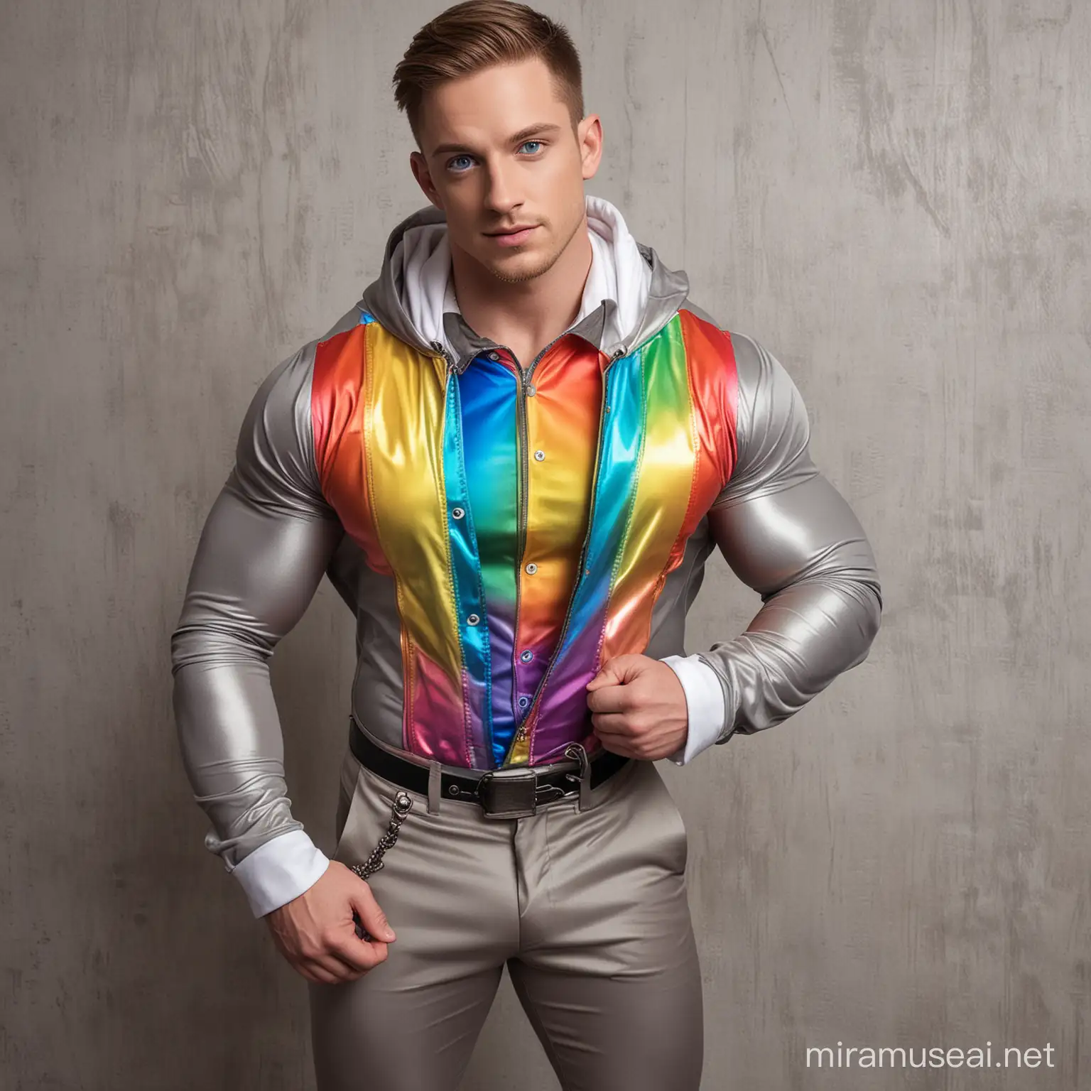 Muscular Male Bodybuilders in Rainbow Pride Steampunk Attire