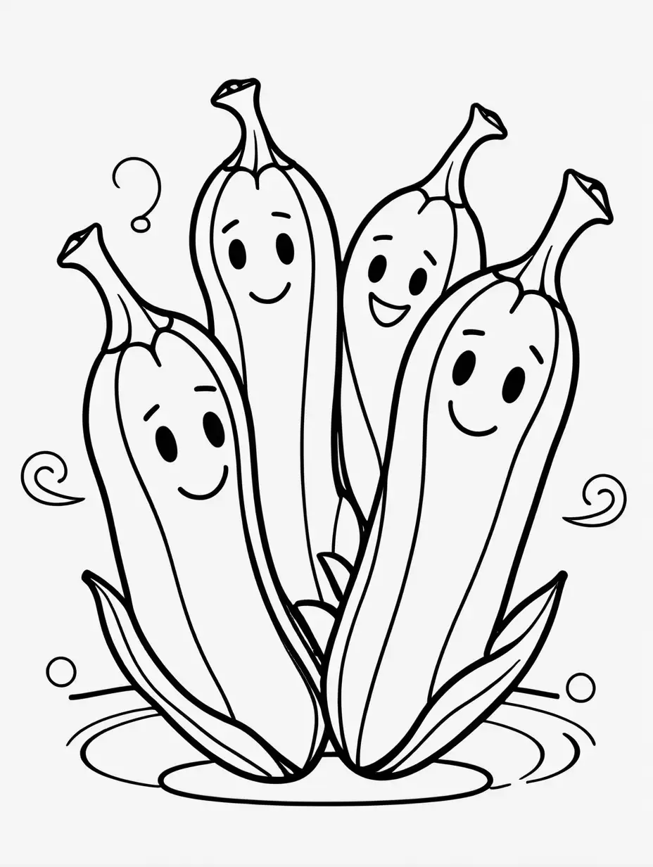 coloring book, cartoon drawing, clean black and white, single line, white background, cute pea pods, emojis