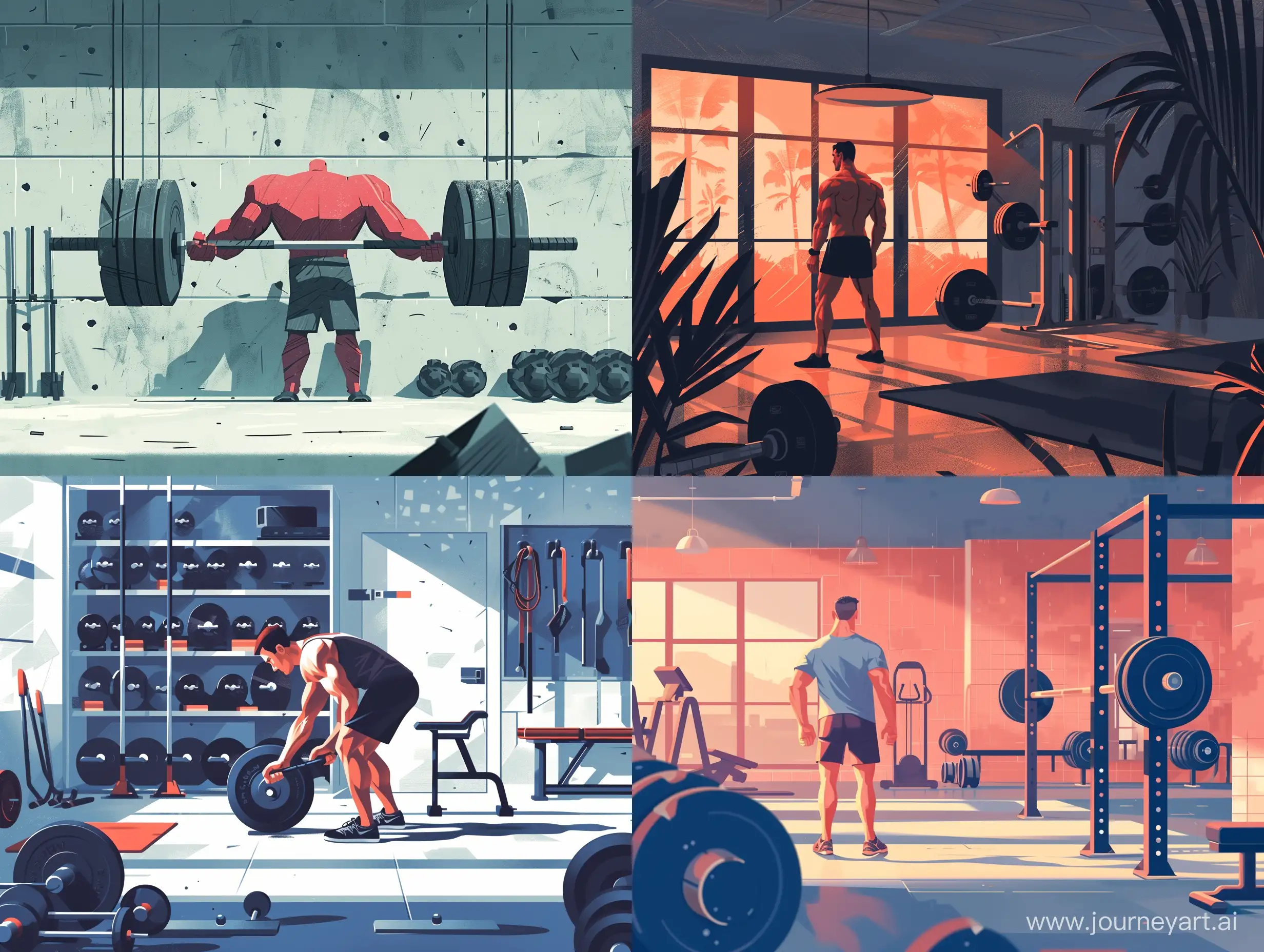 /imagine prompt: Illustrate in flat design a Caucasian man deeply engrossed in lifting weights in a sleek gym environment, using stark, bold color contrasts and clear, simple lines, surrounded by minimalist-style gym gear including weight plates and fitness mats, symbolizing robust energy and commitment to fitness.::3 concept art::3  --version 6 