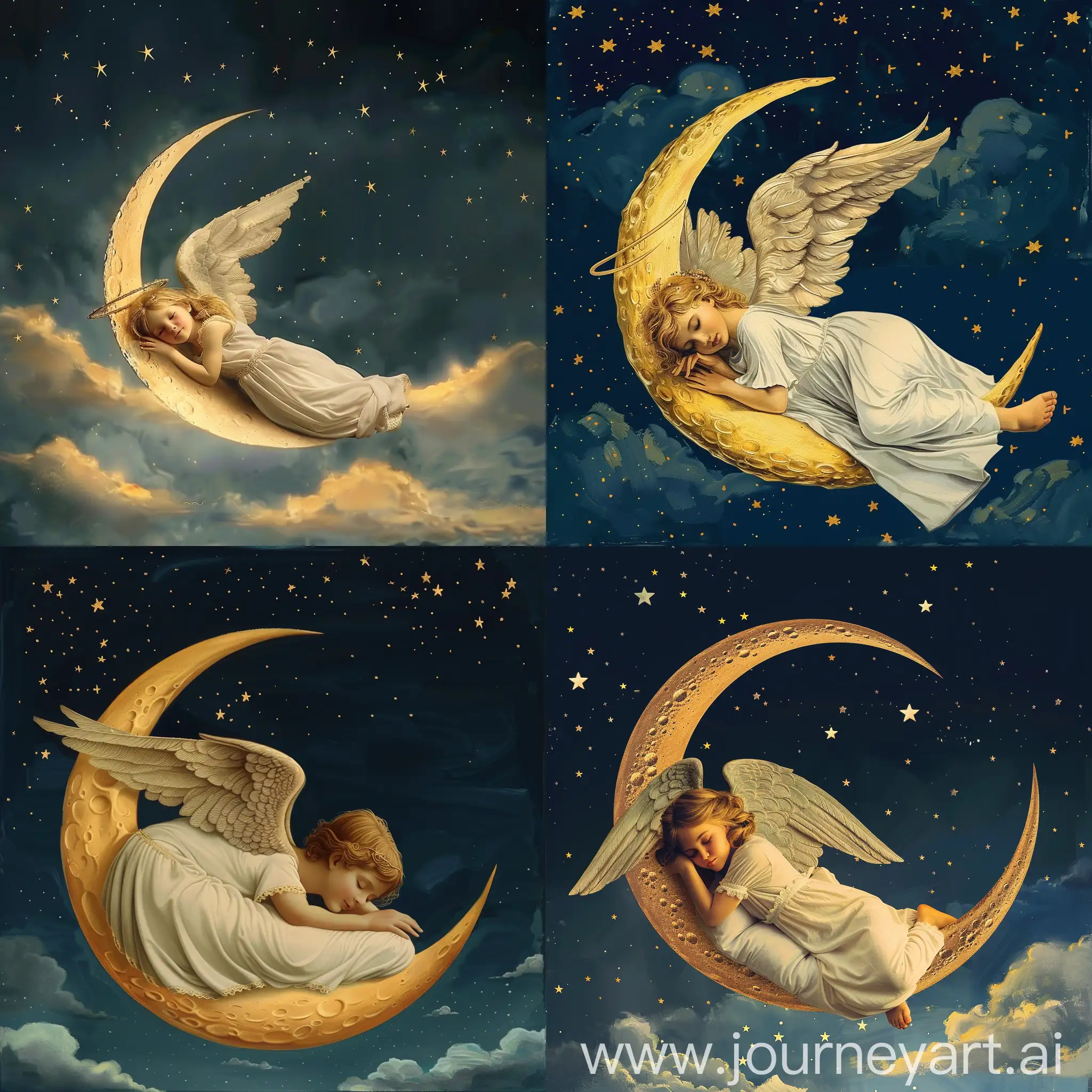 a sleeping angel on a crescent moon in the night sky