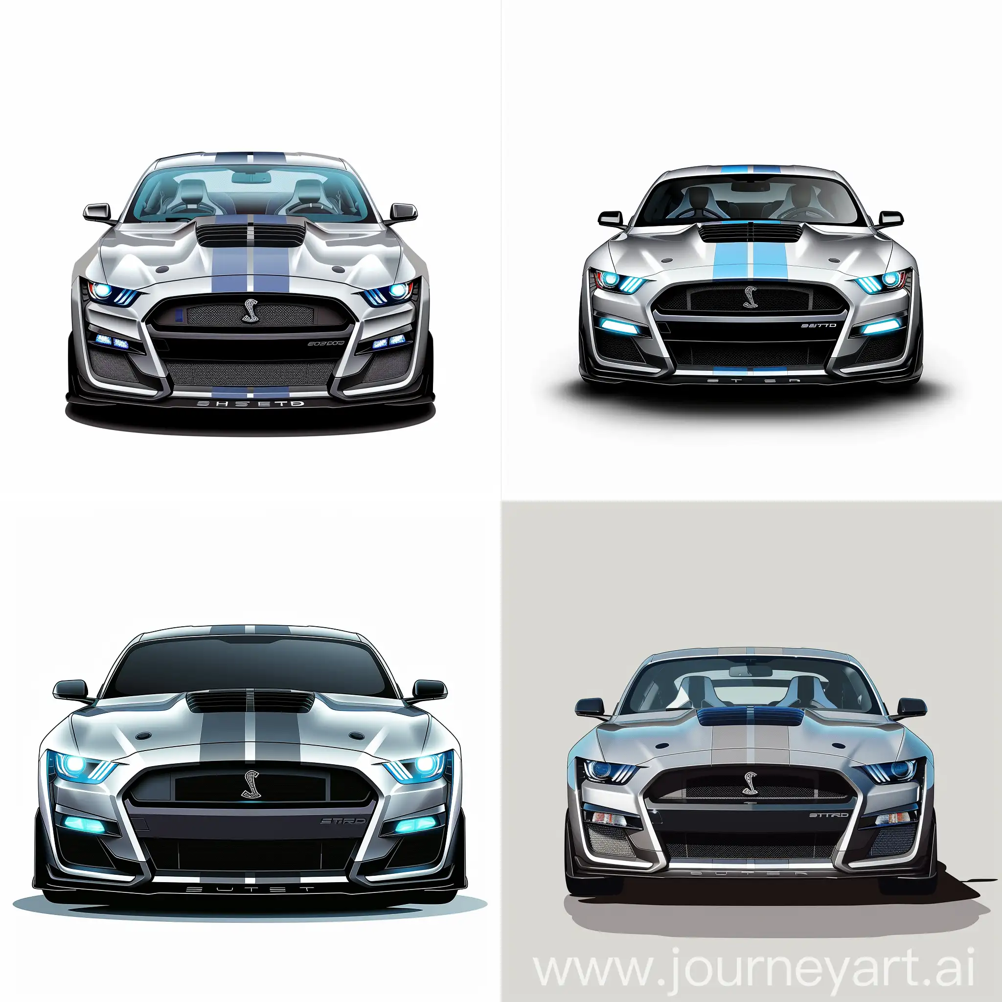 Minimalism 2D Car Front View Illustration of: Silver Ford Mustang Shelby 2023 with Blue Details, Simple White Background, Adobe Illustrator Software, High Precision