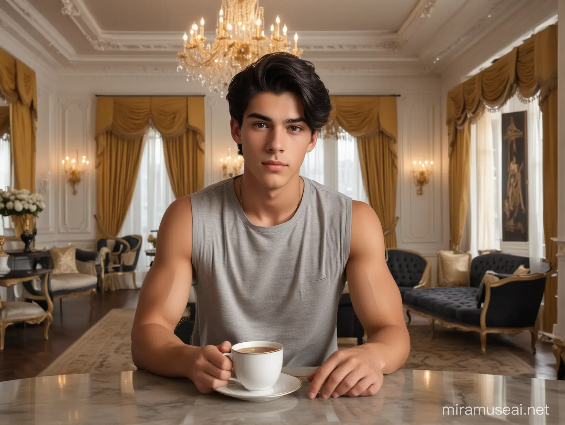 Focused Young Man Enjoying Tea in Opulent Black and Gold Room