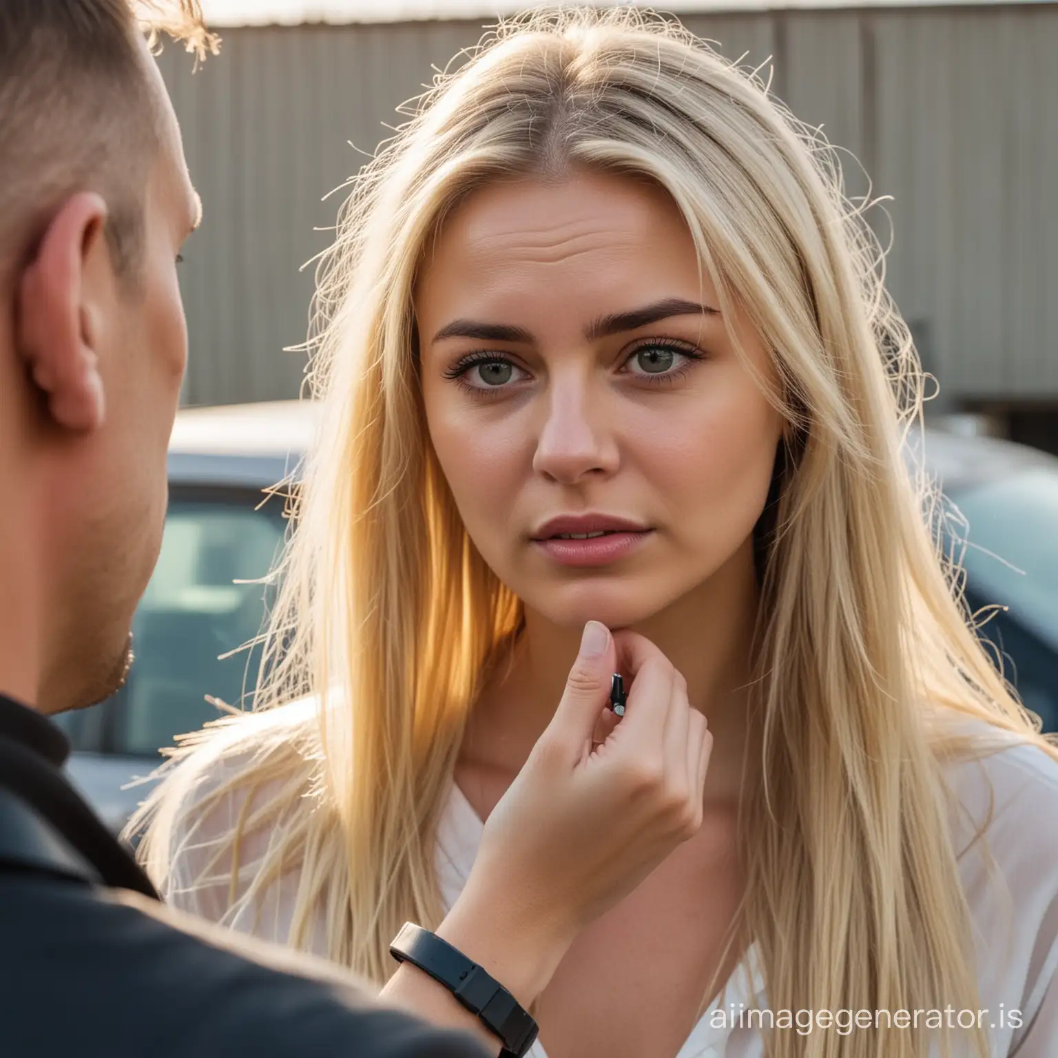 Beautiful young polish woman with long blonde hair, talking to her handsome corrupt boss, Dan who is smuggling drugs in his imports, in a car sales yard. He has been using a microchip the size of a grain of rice on her upper arm to get her doing drug deals. She is looking distressed, as she knows what he has been doing.
