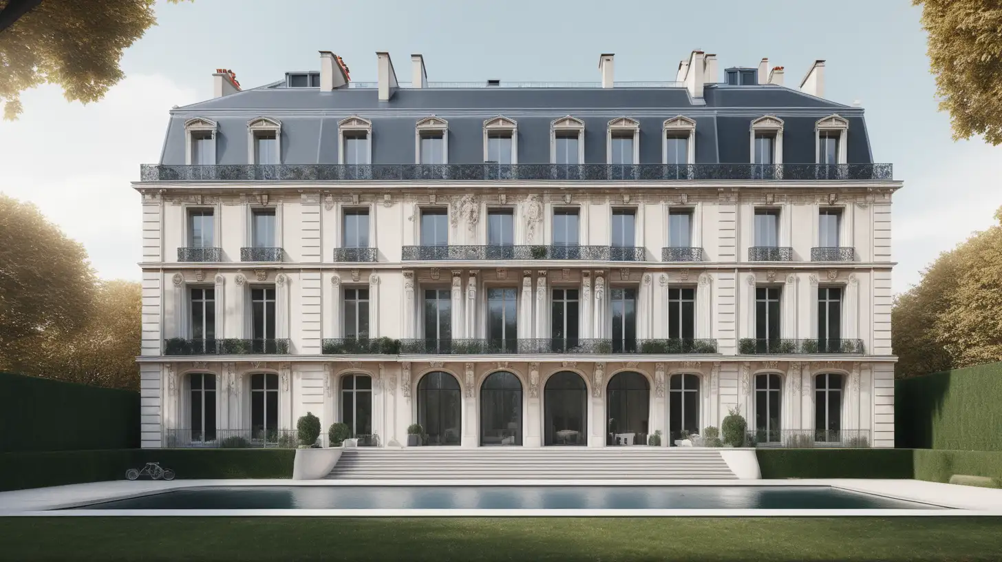 a Hyperrealistic image of a modern Parisian mansion