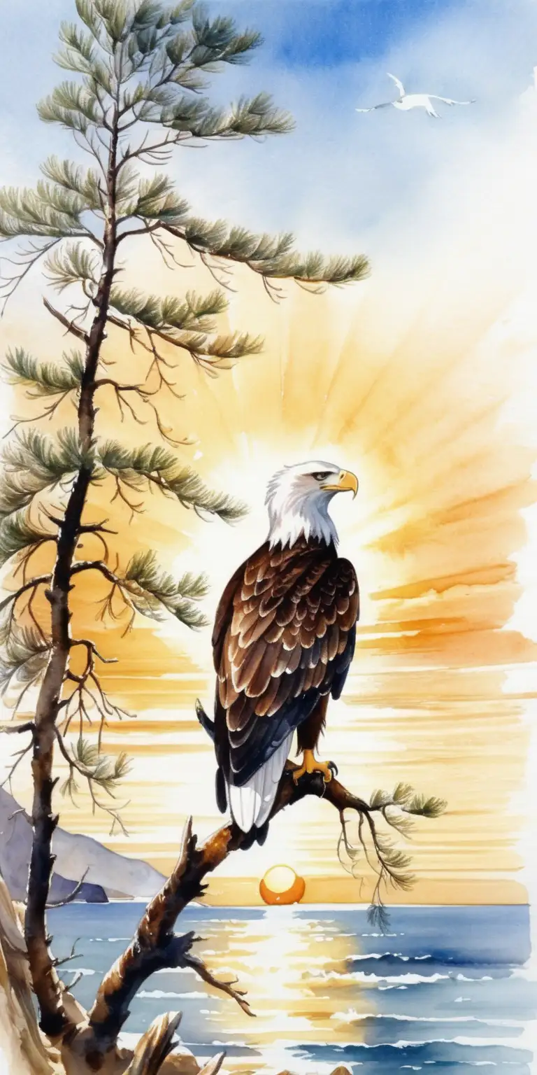 Majestic Eagle Perched on Seaside Branch in Radiant Watercolor Scene