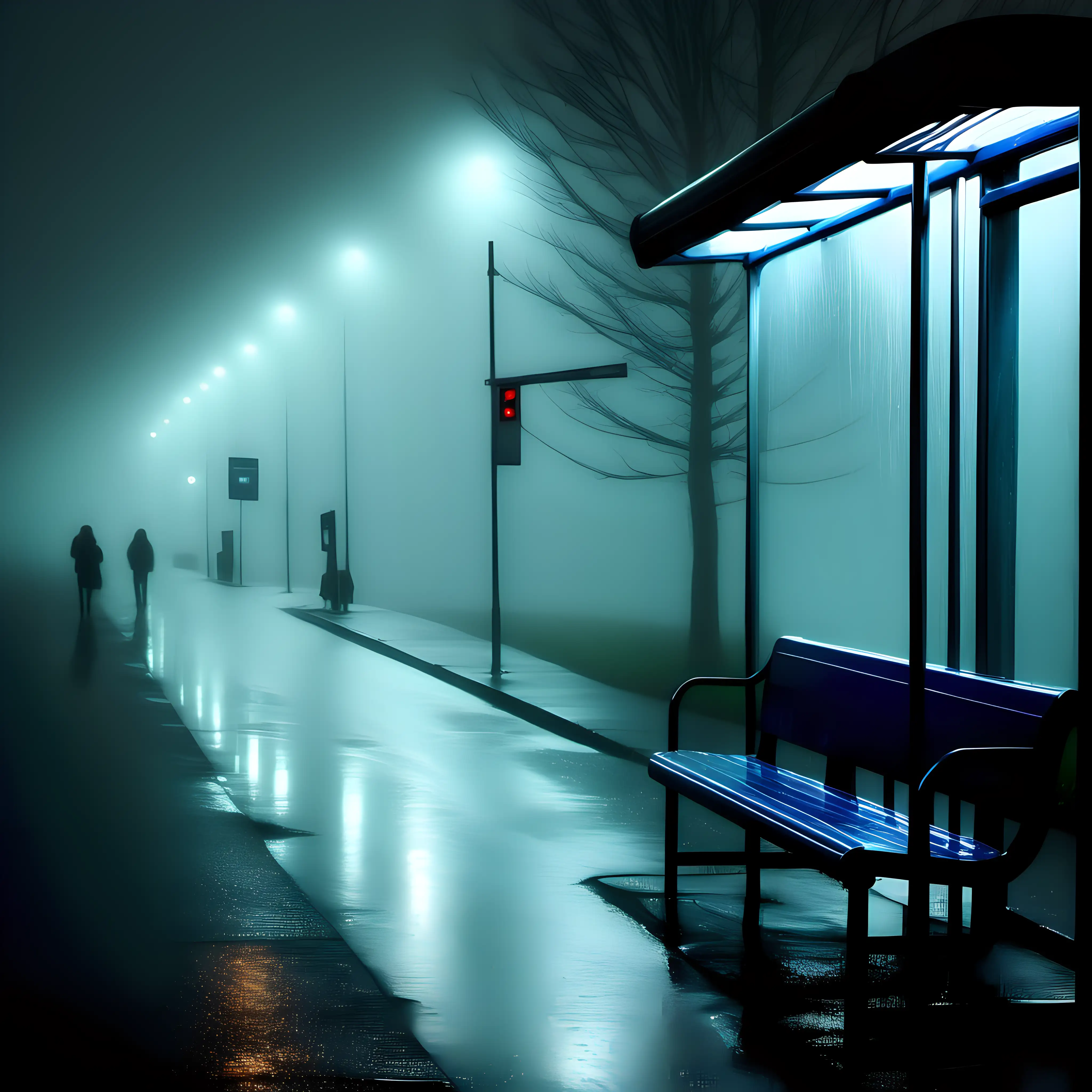 Dense Fog Bus Stop Soft Light Silhouettes Await in the Rain