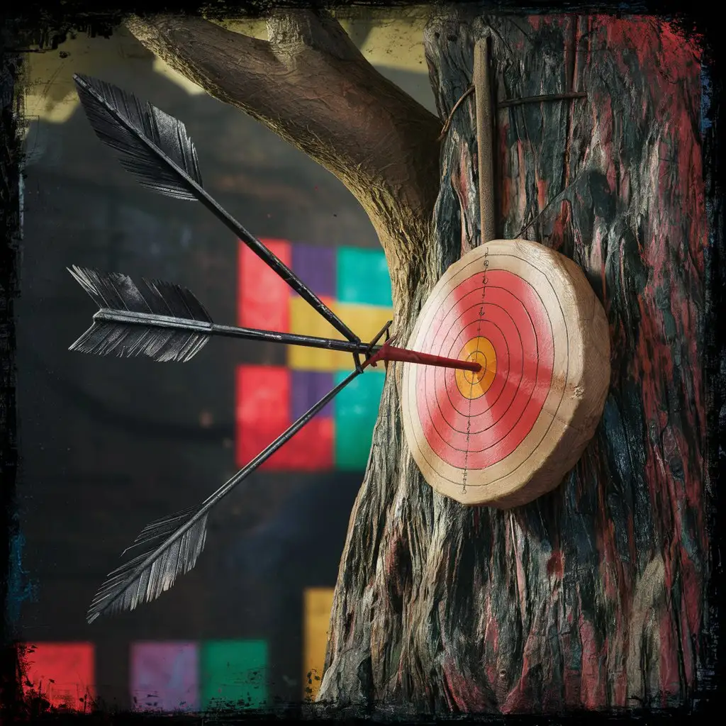An ancient arrow is piercing horizontally through the target hanging on a tree perfectly is portrayed ,symbolizing the successful hit and accomplishment of the archer's goal. Highly realistic. Create mildly dark and colourful atmospheric images inspired by noir video games. Use with Vision XL for best results.