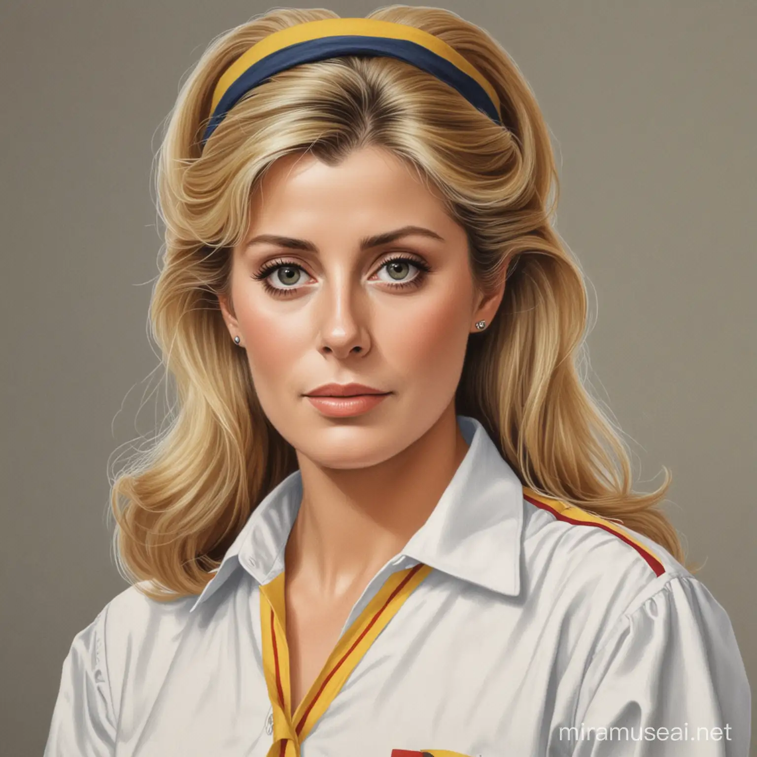 Dibuja a la actriz 
Catherine Deneuve de joven vistiendo el uniforme colegiala colombiana

 