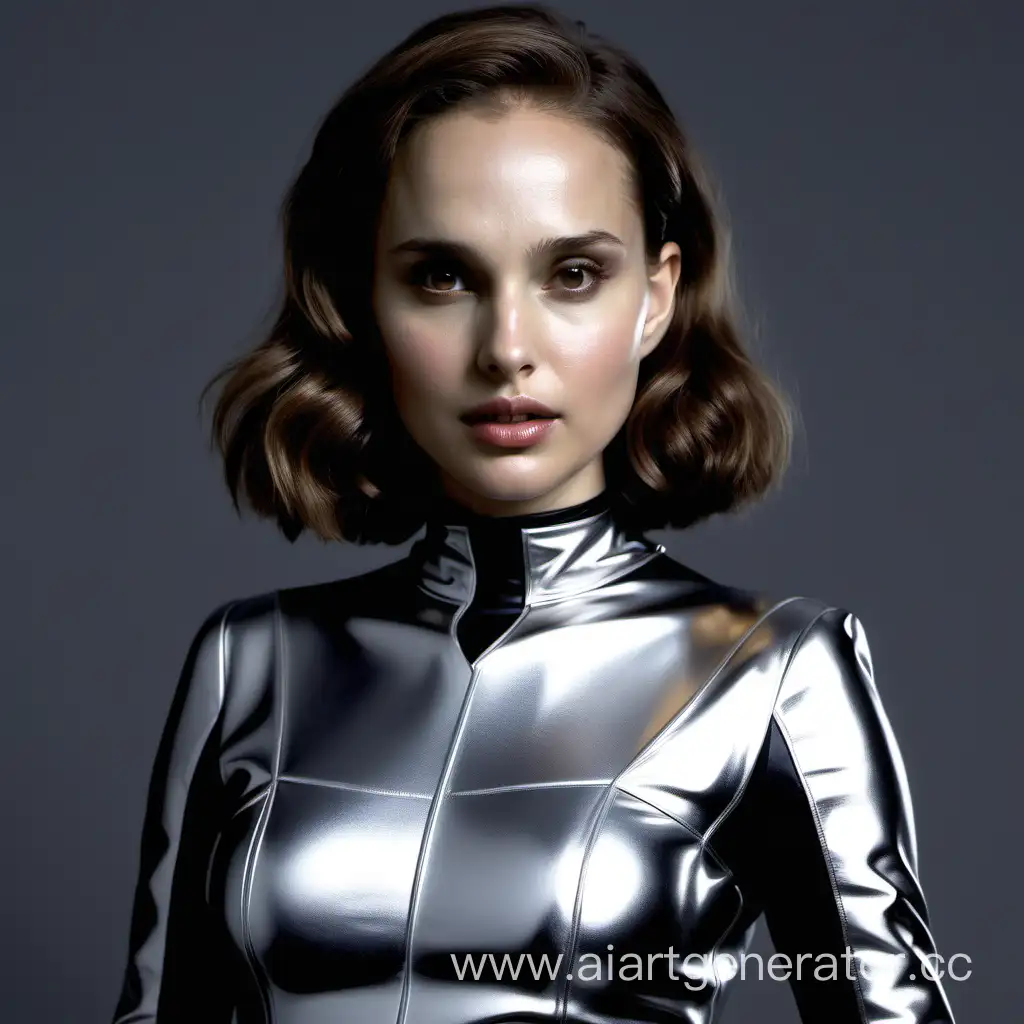 natalie portman wearing a silver latex lost in space costume