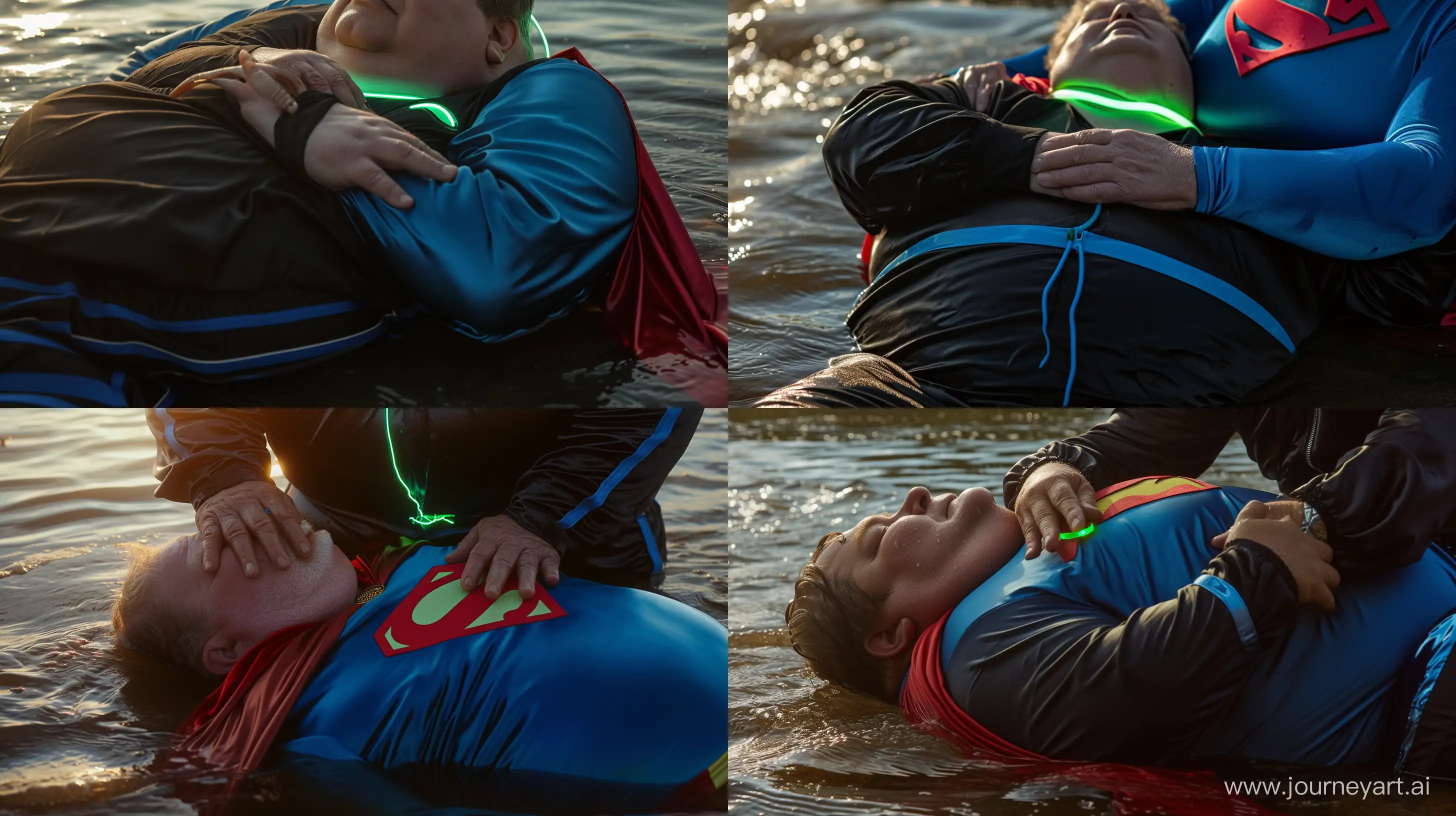 Close-up photo of a fat man aged 60 wearing silk black tracksuit with a blue stripe on the pants. He has his fingers wrapped around the neck of a fat man aged 60 wearing a tight blue 1978 smooth superman costume with a red cape with a tight green glowing neon dog collar on the neck lying in the water. River. Natural Light. --style raw --ar 16:9