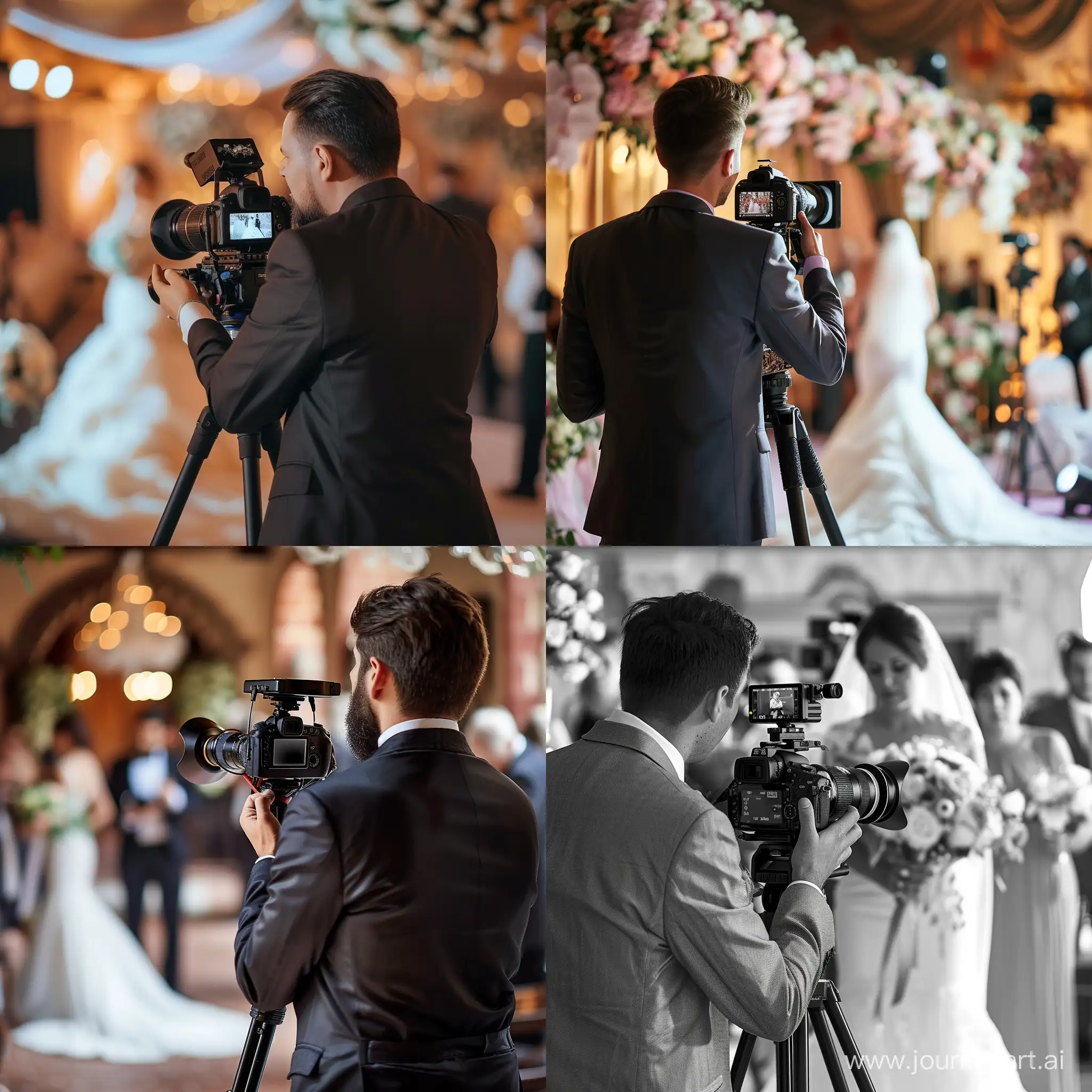 видеограф в элегантном костюме снимает свадьбу
