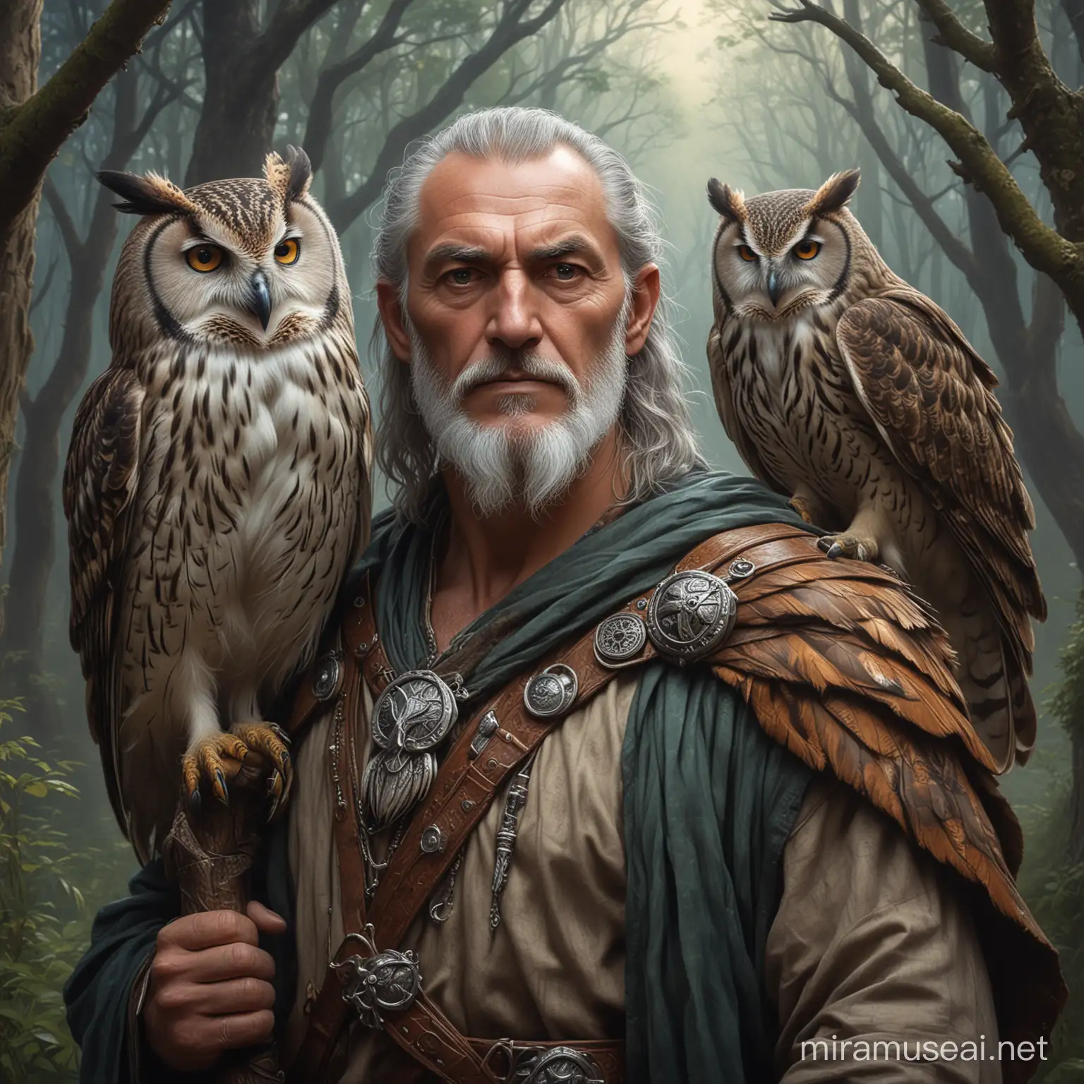 an older powerful looking human male druid, with an owl on his shoulder, in fantasy oil painting style
