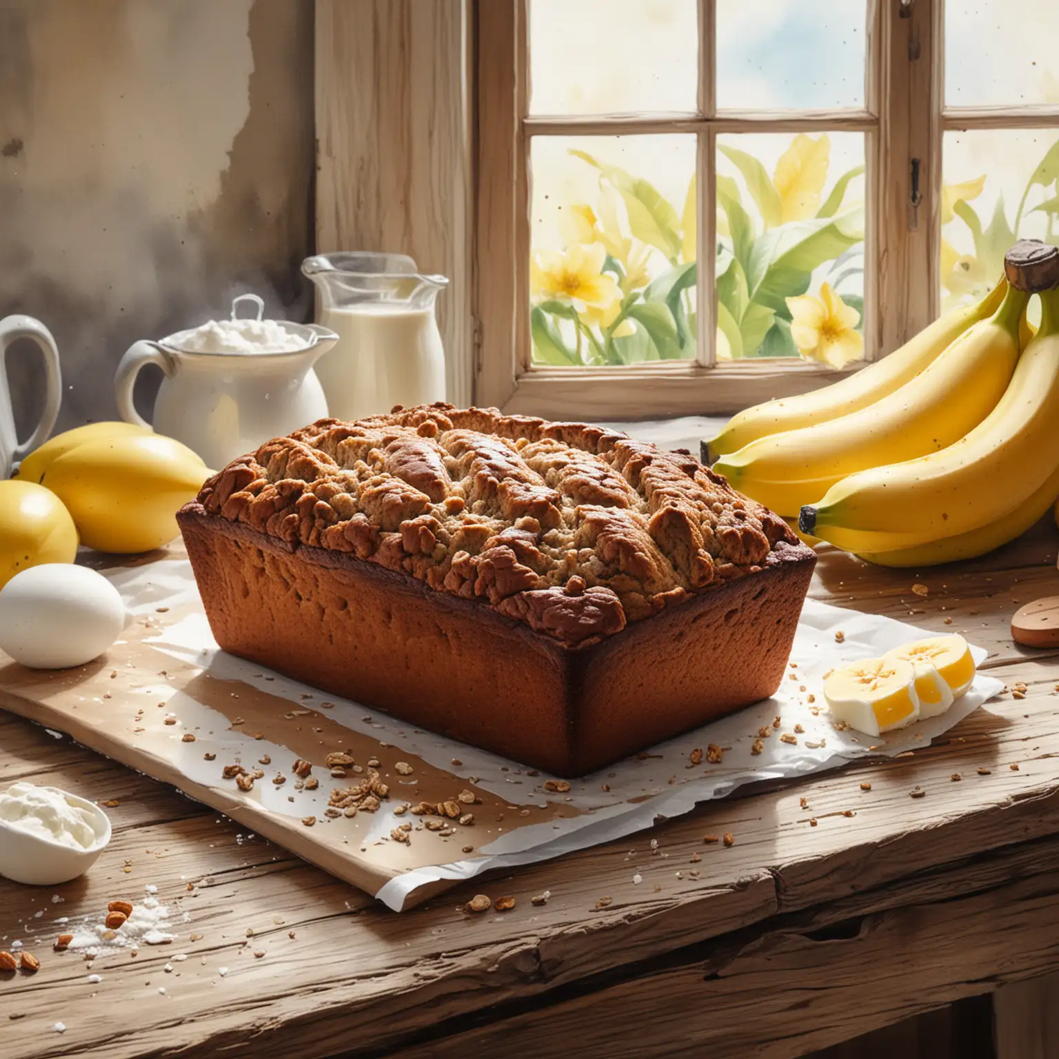 /imagine prompt: Banana Bread, a freshly baked loaf set on an antique wooden table, surrounded by ingredients like bananas, eggs, and flour, natural light streaming through a nearby window creating a soft, Illustration, watercolor and ink on textured paper, --ar 16:9 --v 5