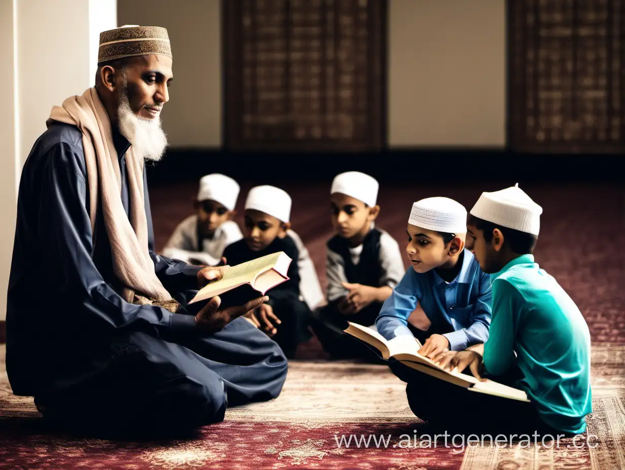 An old Muslim holding a book teaches young Muslims in a mosque