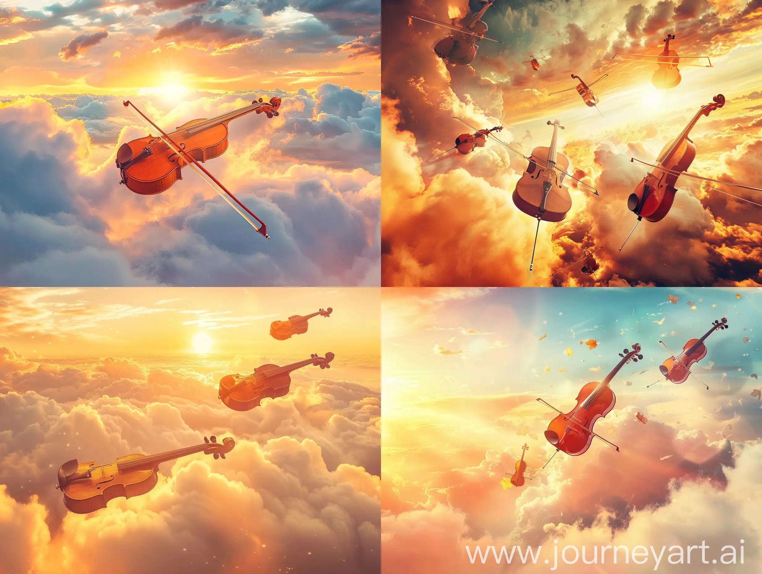 Летающие музыкальные инструменты в облаках, цвет заката, настроение легкости и спокойствия