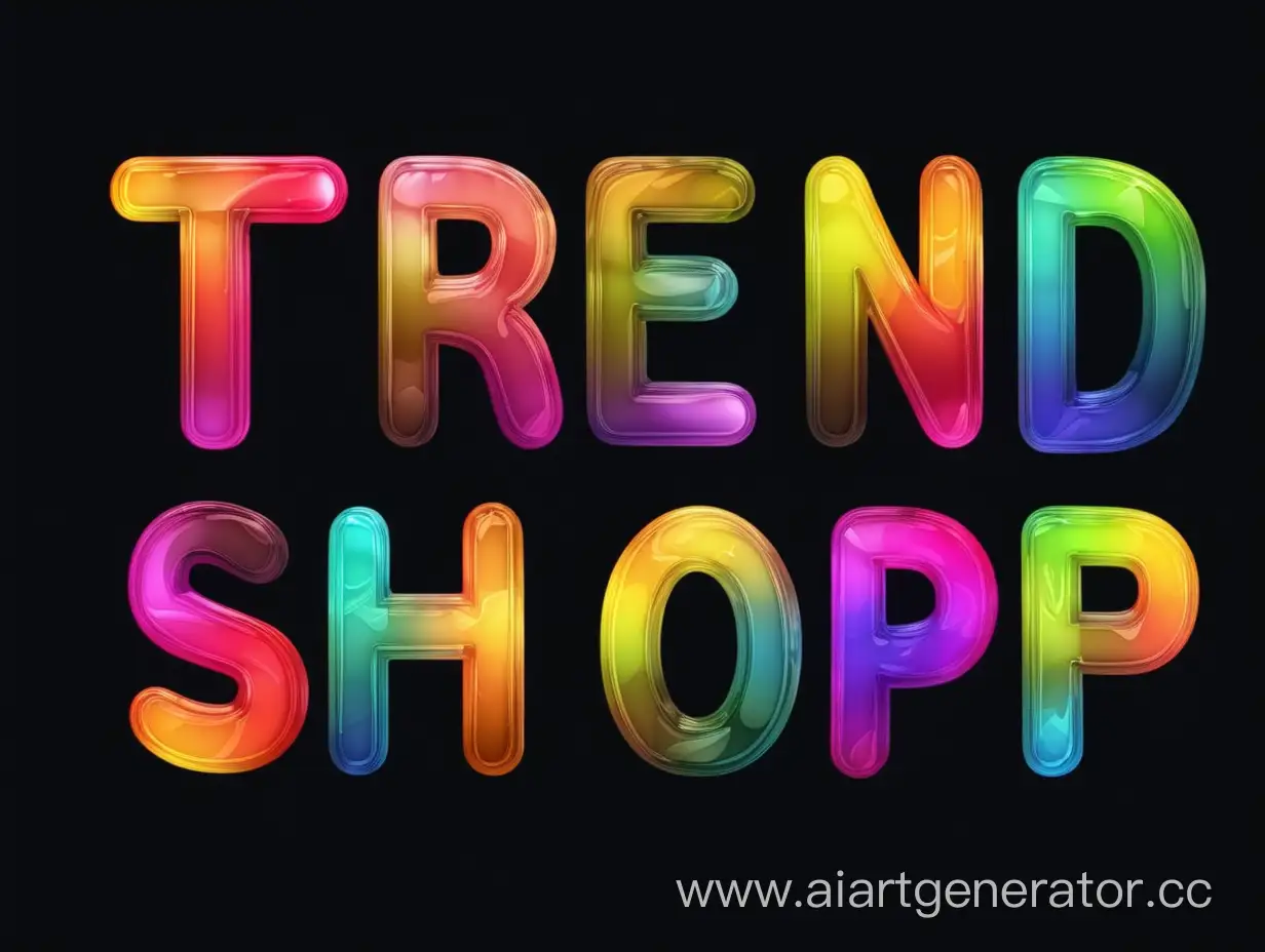 Надпись TREND SHOP на черном фоне. Очень яркая, объемная, разноцветная, с бликами.