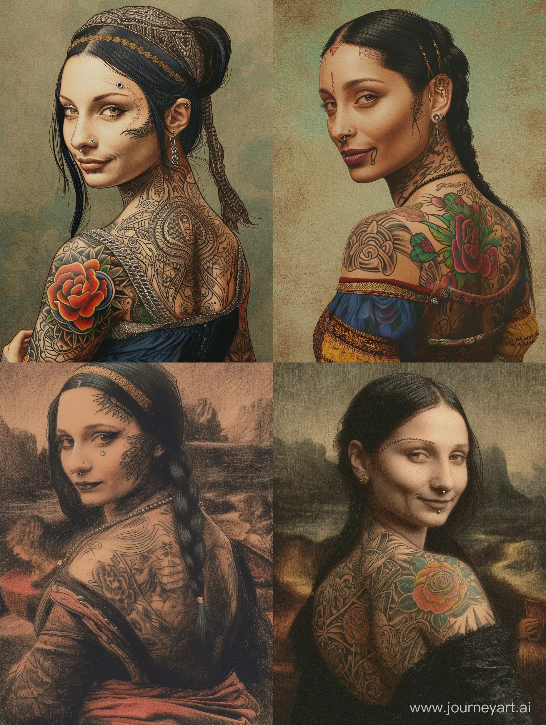 Generate an image of the Mona Lisa reimagined as a rebellious icon, with striking tattoos covering her back and shoulders. She wears a nose stud and eyebrow piercing, challenging traditional notions of beauty while retaining her timeless elegance.