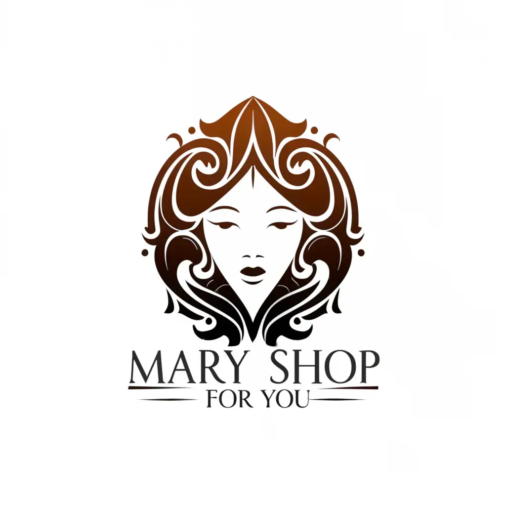 a logo design,with the text "mary shop for you", main symbol:a dark haired girl/face,complex,clear background