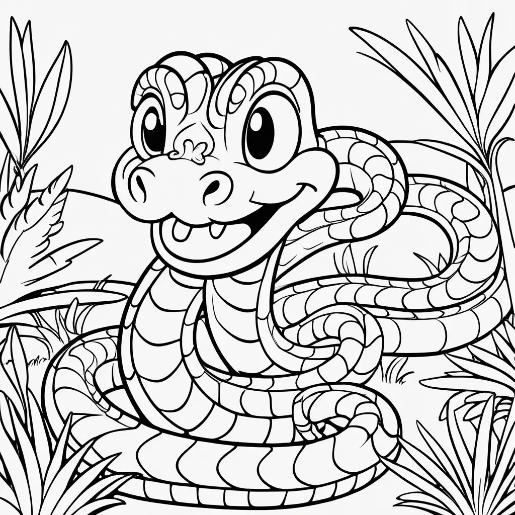 Create a coloring book page for 1 to 4 year olds. A simple cartoon cute smiling friendly faced Viper and its friendly faced parents with bold outlines in their native enviroment. The image should have no shading or block colors and no background, make sure the animal fits in the picture fully and just clear lines for coloring. make all images with more cartoon faces and smiling