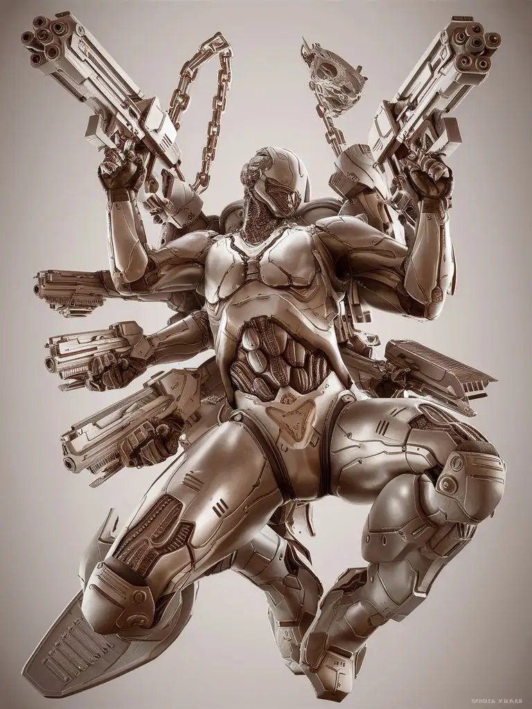 Create a highly detailed digital artwork of a full-body cybernetic UHD cyborg, weaponized and ready to fire, in a dynamic full-body pose, equipped with a chain gun and a rail gun. Ensure perfect composition, intricate details, and realistic rendering using 3D octane rendering technology infused with global illumination and precise line art. The artwork should be softened through macros and executed with V-Ray, embodying an epitome of visionary art with a touch of pop art consumerism.