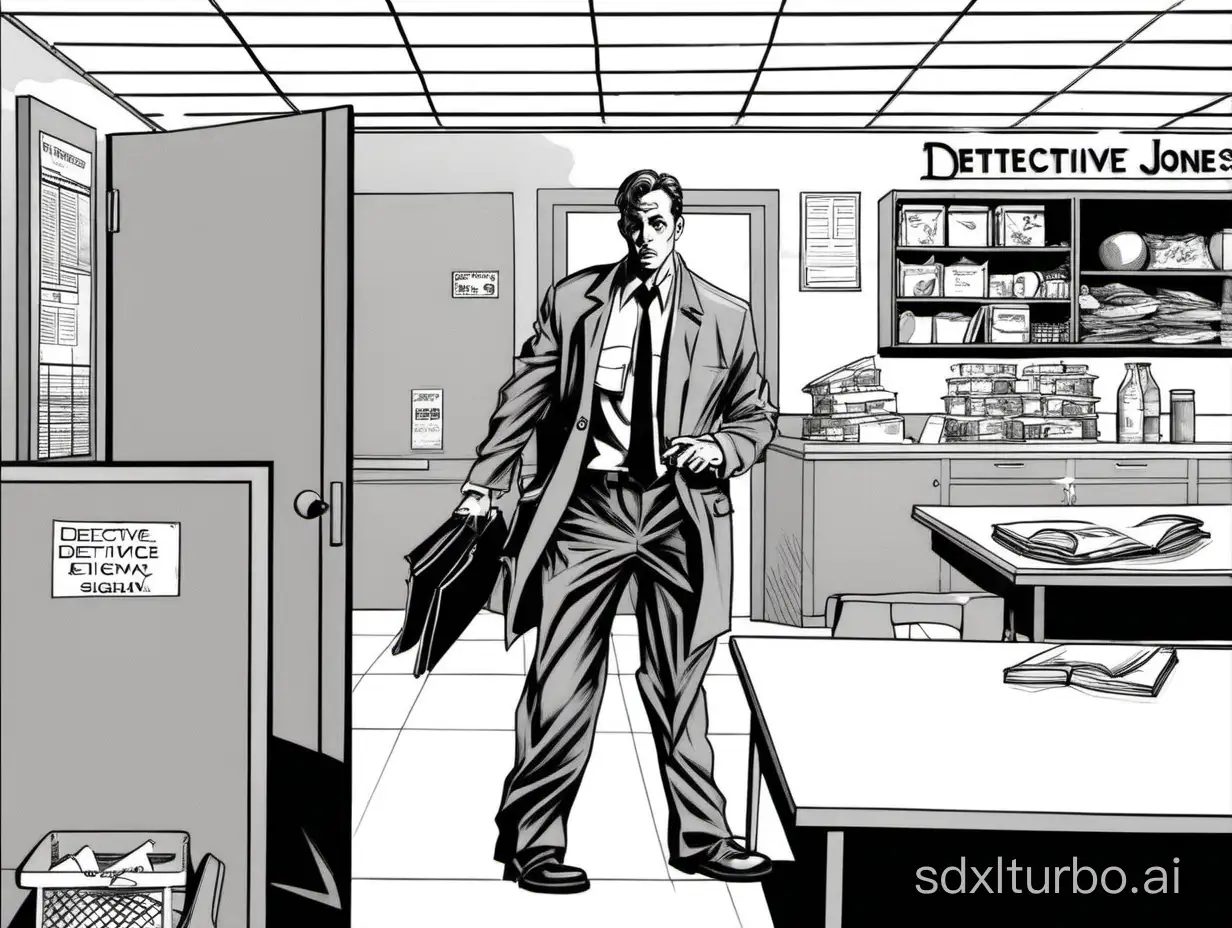 Detective Jones sighing and exiting break room