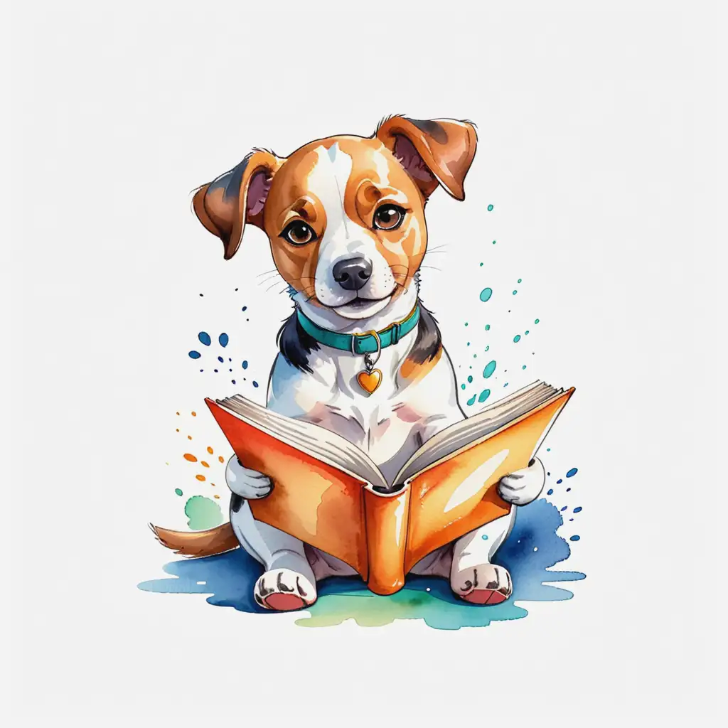 Vectorised Graphic T-Shirt Design. 

A dog reading a book.

Style: Watercolour, sticker.
Mood: Playful.
White Background.