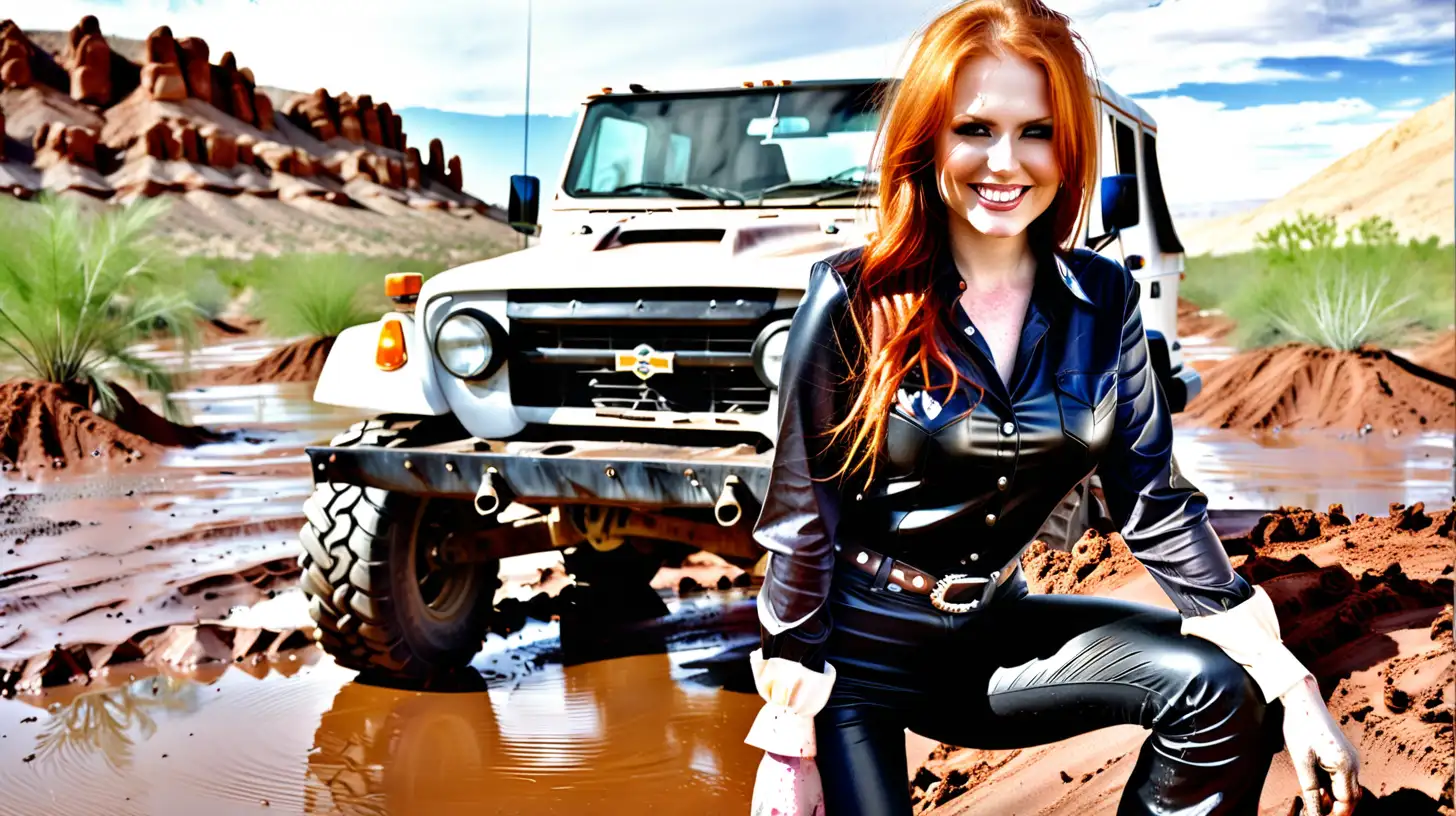 busty redhead with, long hair, beatifull face, nice smile wearing tight black leather pants and satin secretary blouses, colorado desert montain offroad driver covered by dust and mud sits on tires