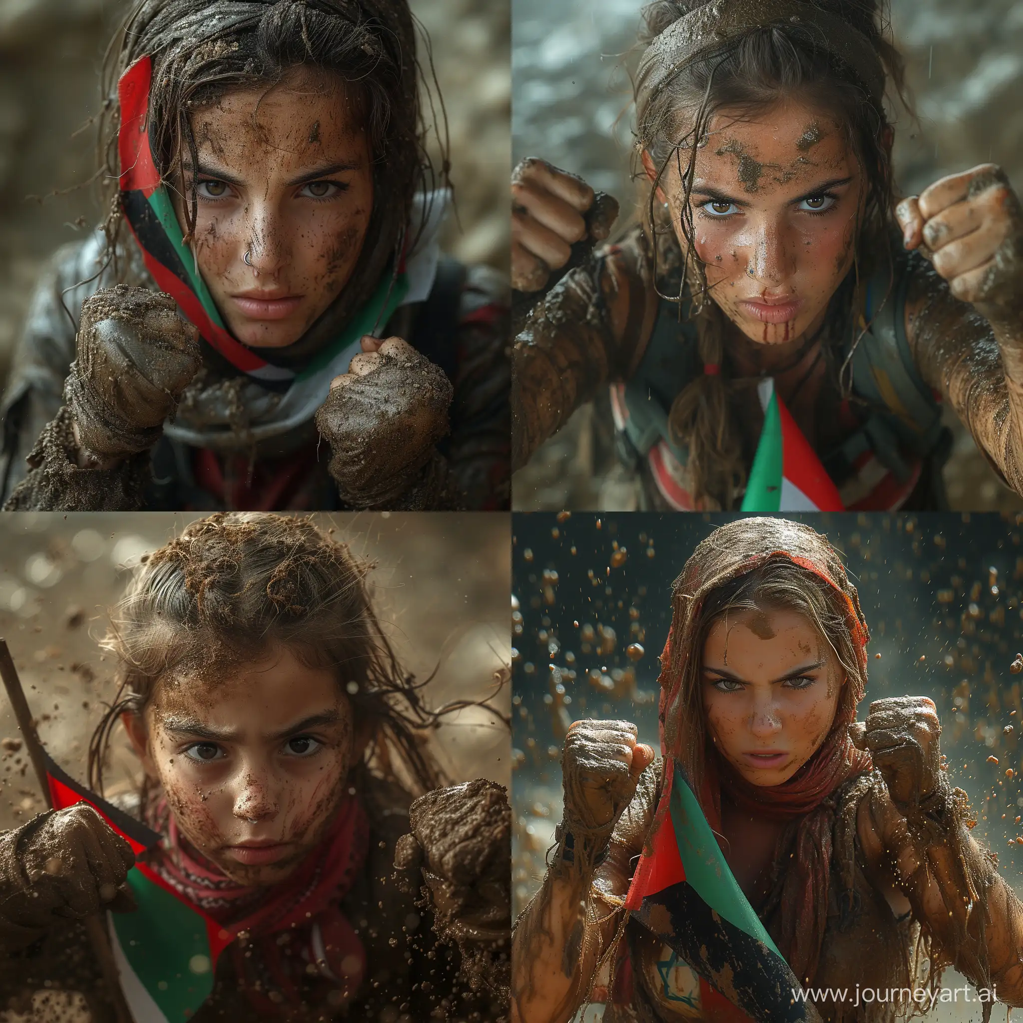 a rebel  girl with palestine flag standing in a fighting pose covered in dirt with a runny nose and fists up determined look --stylize 750 --v 6