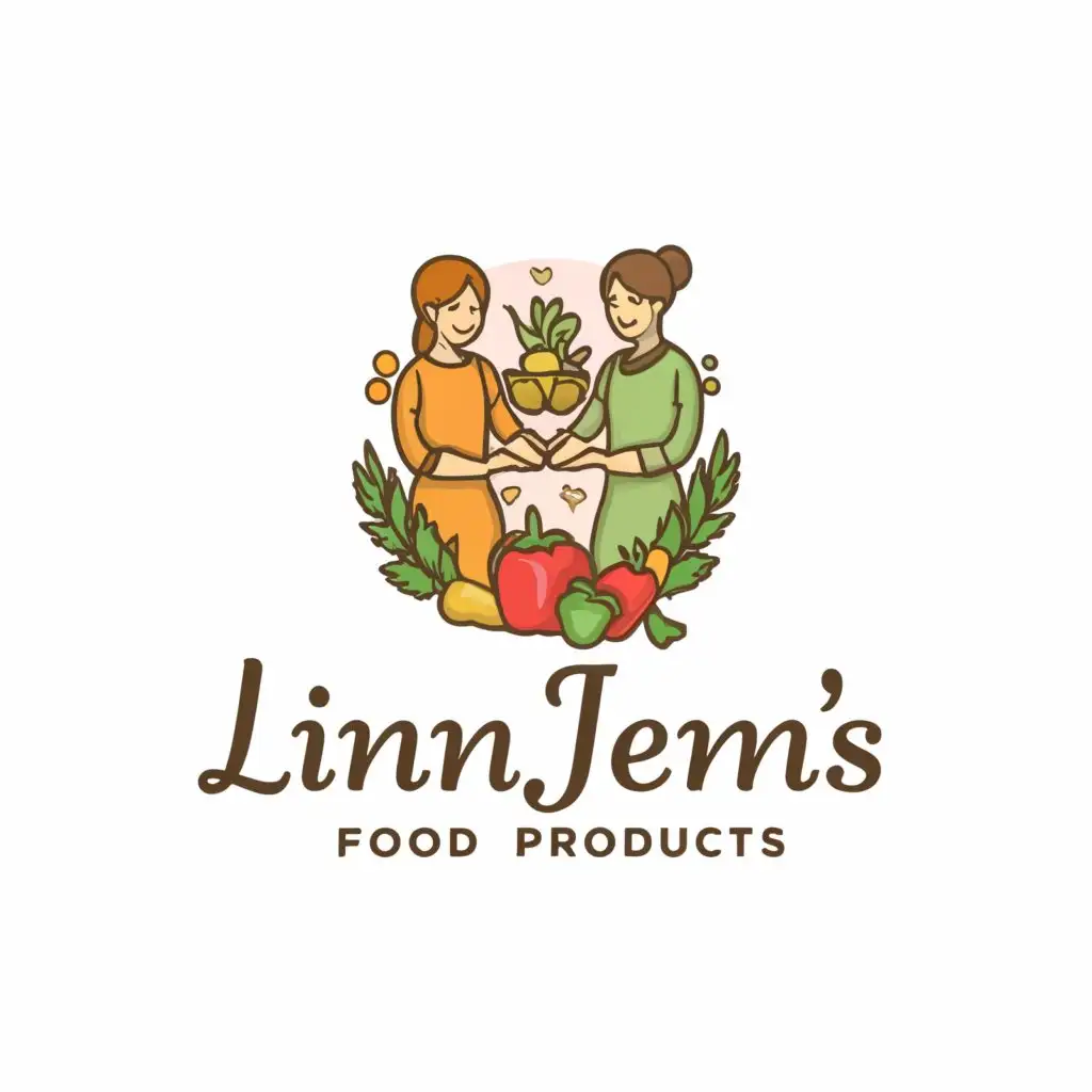 a logo design,with the text "LinnJenn's Food Products", main symbol:Mother and daughter holding hands with vegetables and strawberries around them,Moderate,clear background