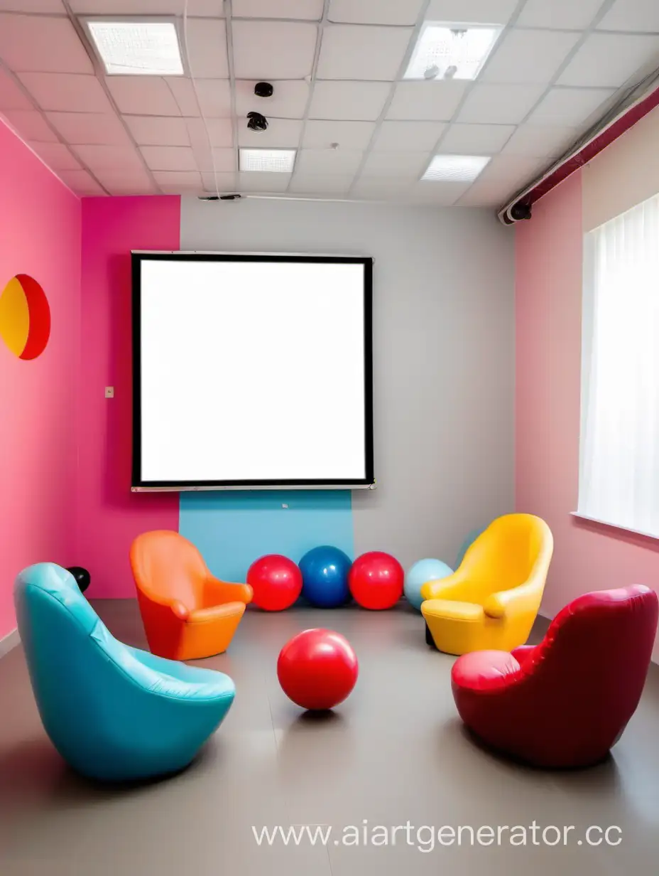 комната психологической разгрузки с креслами, экраном для просмотра фильмов, игрушками, бассейном из шаров