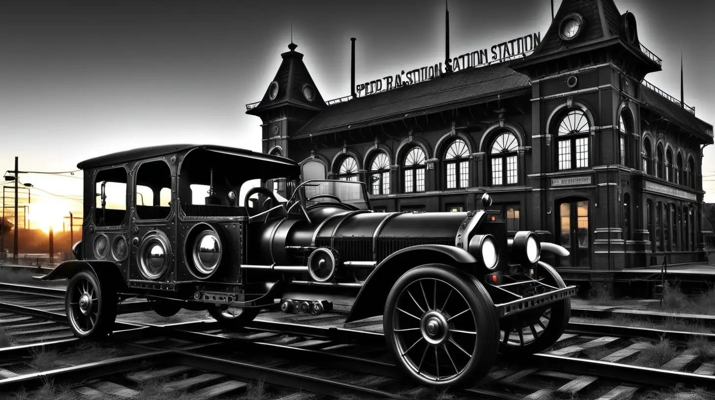 Steampunk 1920s Black and White Fast Car with Spider Design Outside Old Train Station at Sunset