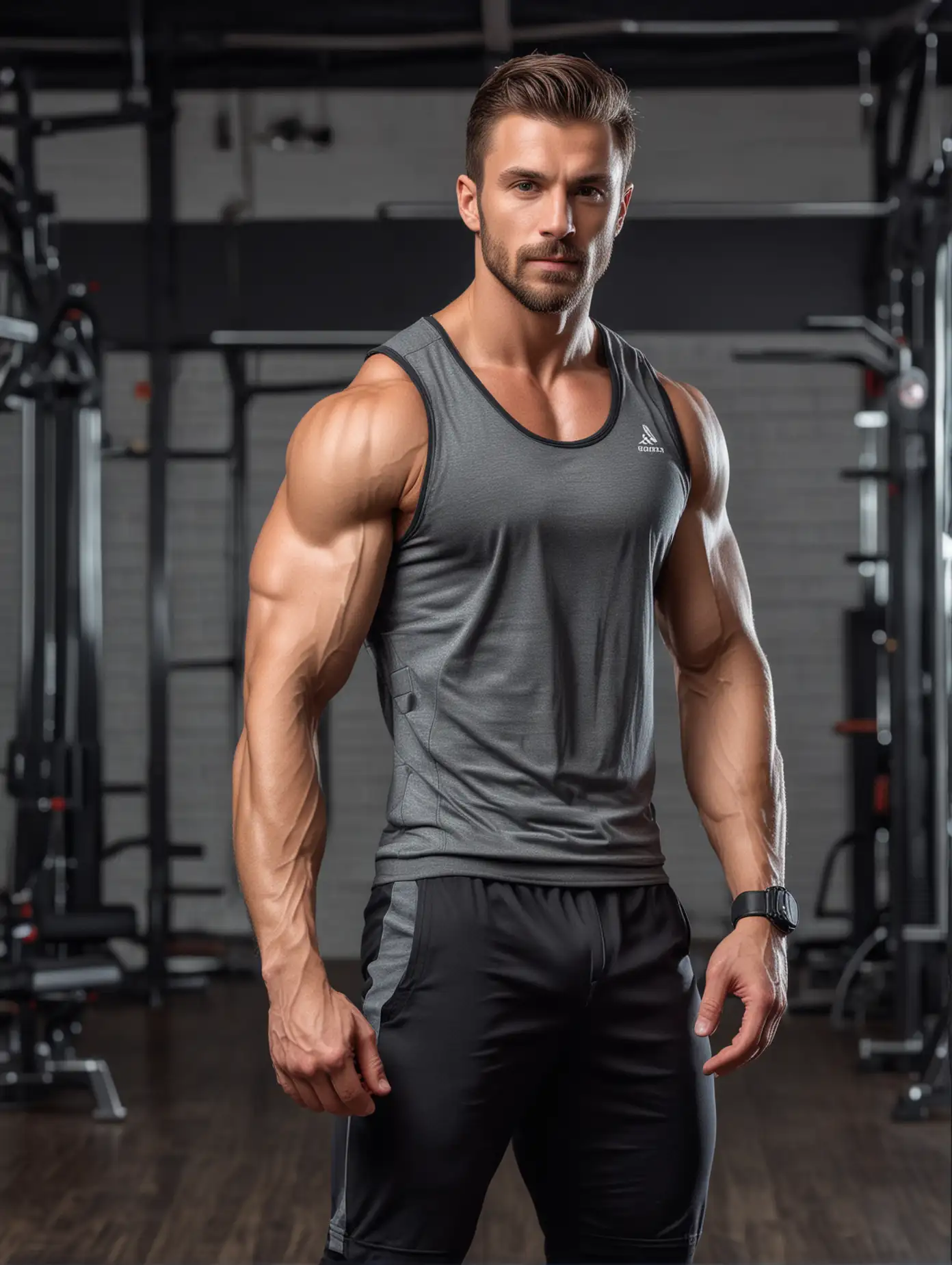 Man in European and American gym, fitness style, wearing vest, sexy figure, perfect muscles, facing the camera, professional photography technology, full body photo