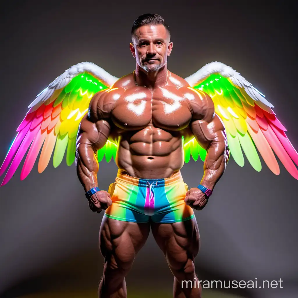 Muscular 30s Bodybuilder Flexing Bicep Pose with Rainbow LED Jacket and Eagle Wings