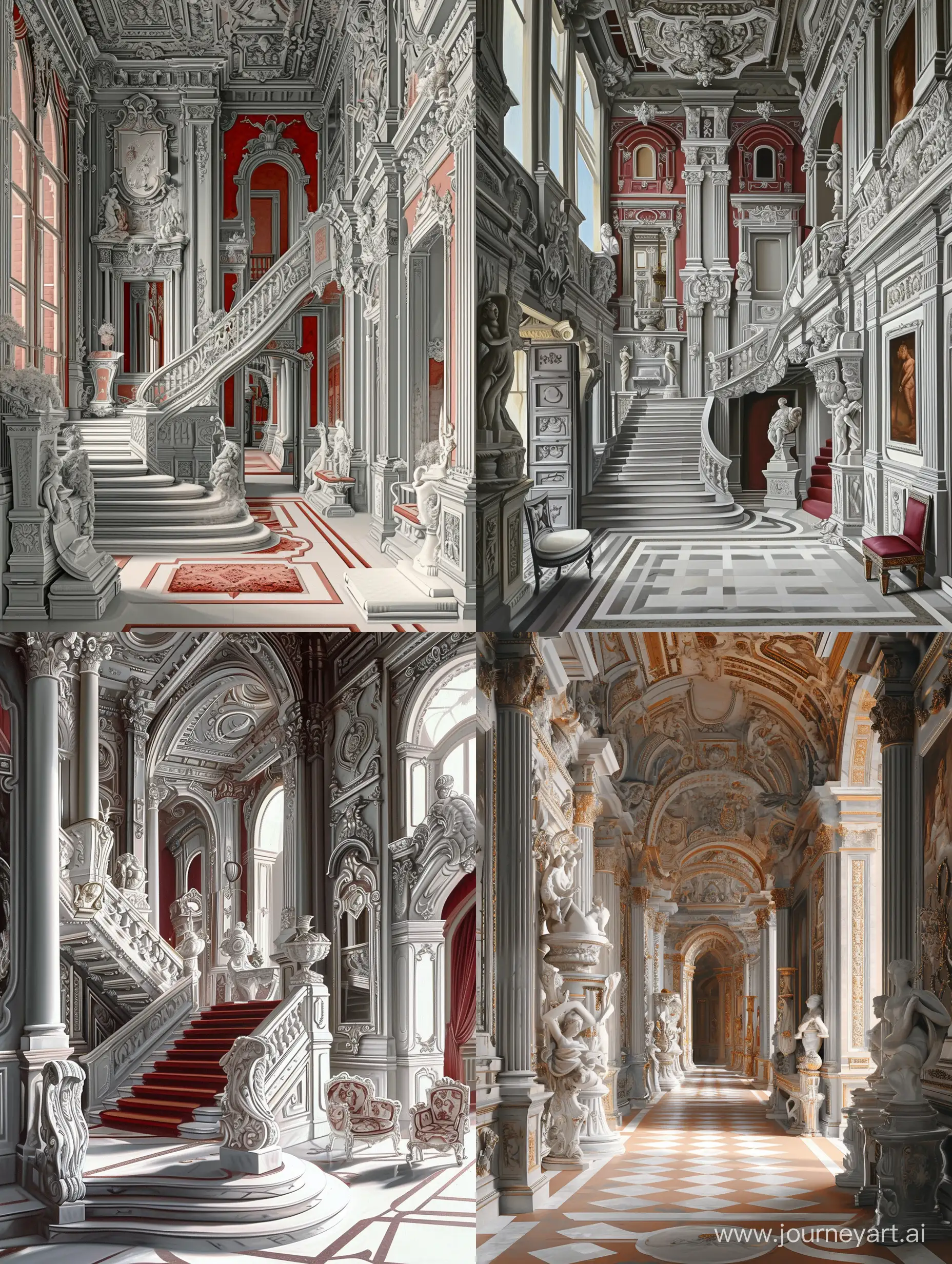 a highly detailed, ultrarealistic painting depicting an ornate palace interior furnished, in the style of pieter de hooch, Andrea Pozzo, grey, white and light crimson, baroque-inspired sculptures, richly colored, die brücke, jan van eyck.