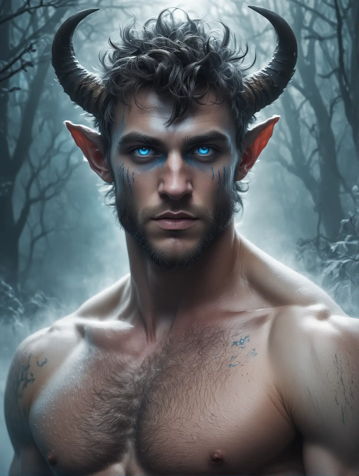 Illustration of a handsome and sexy satyr, half man, half beast, shirtless, with bright blue eyes, blue fog