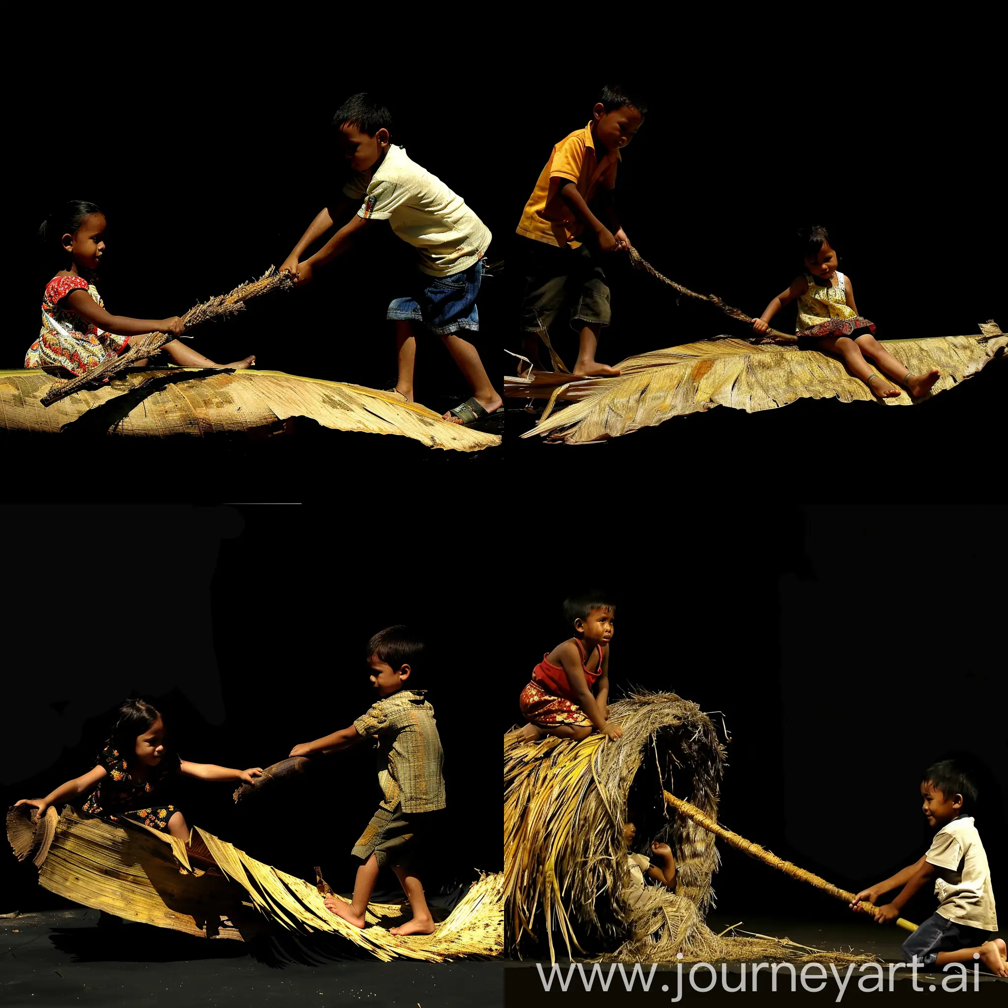 a boy pull his sister which is sitting on large Areca catechu old leave. the boy pull the bracnh of the leave.   --sref https://i.ibb.co/qRyRcLt/Tarik-upih-removebg-preview.png