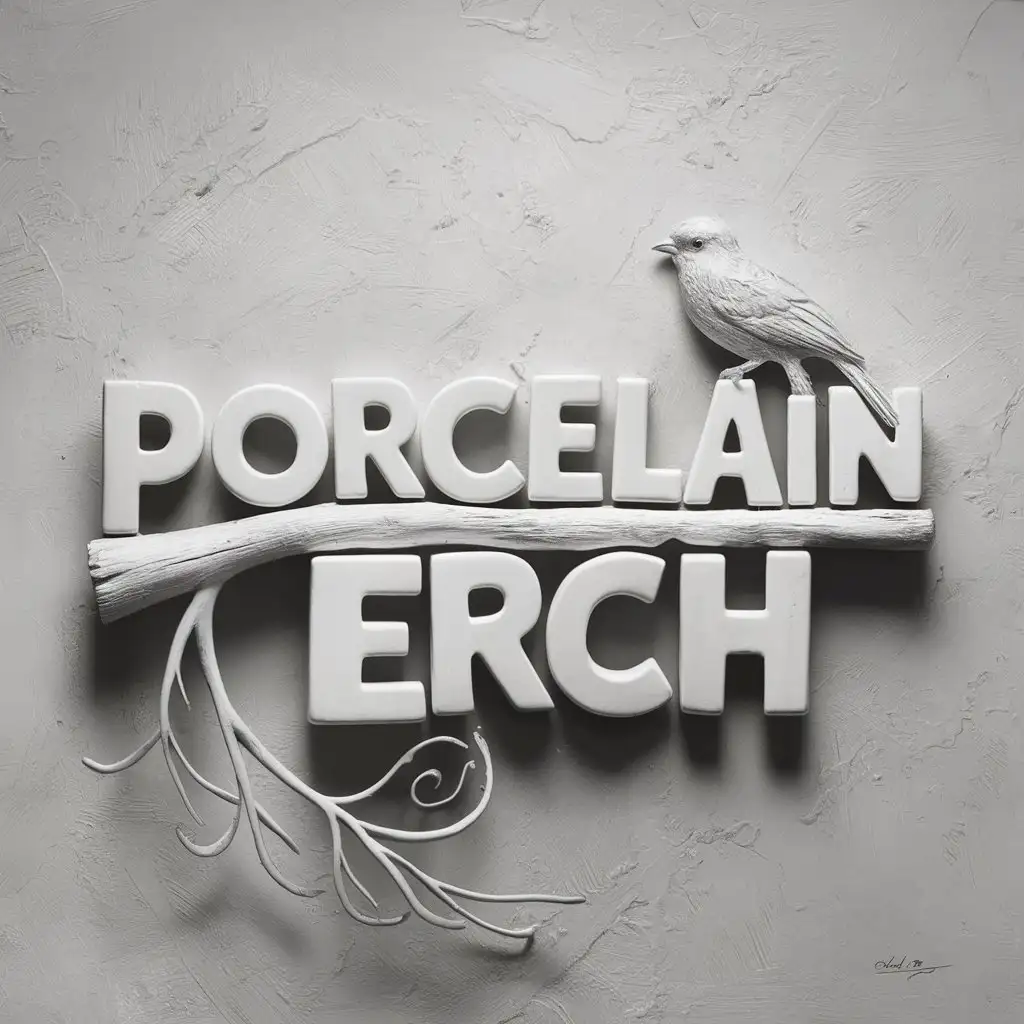 create artistic text spelling out "Porcelain Perch" showing a bird on a wood perch + black and white
