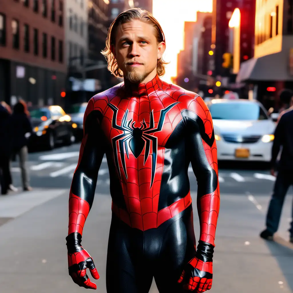 Charlie Hunnam, wearing Miles Morales Spider-man costume, no mask, full body shot, looking away from camera, sunrise in New York City