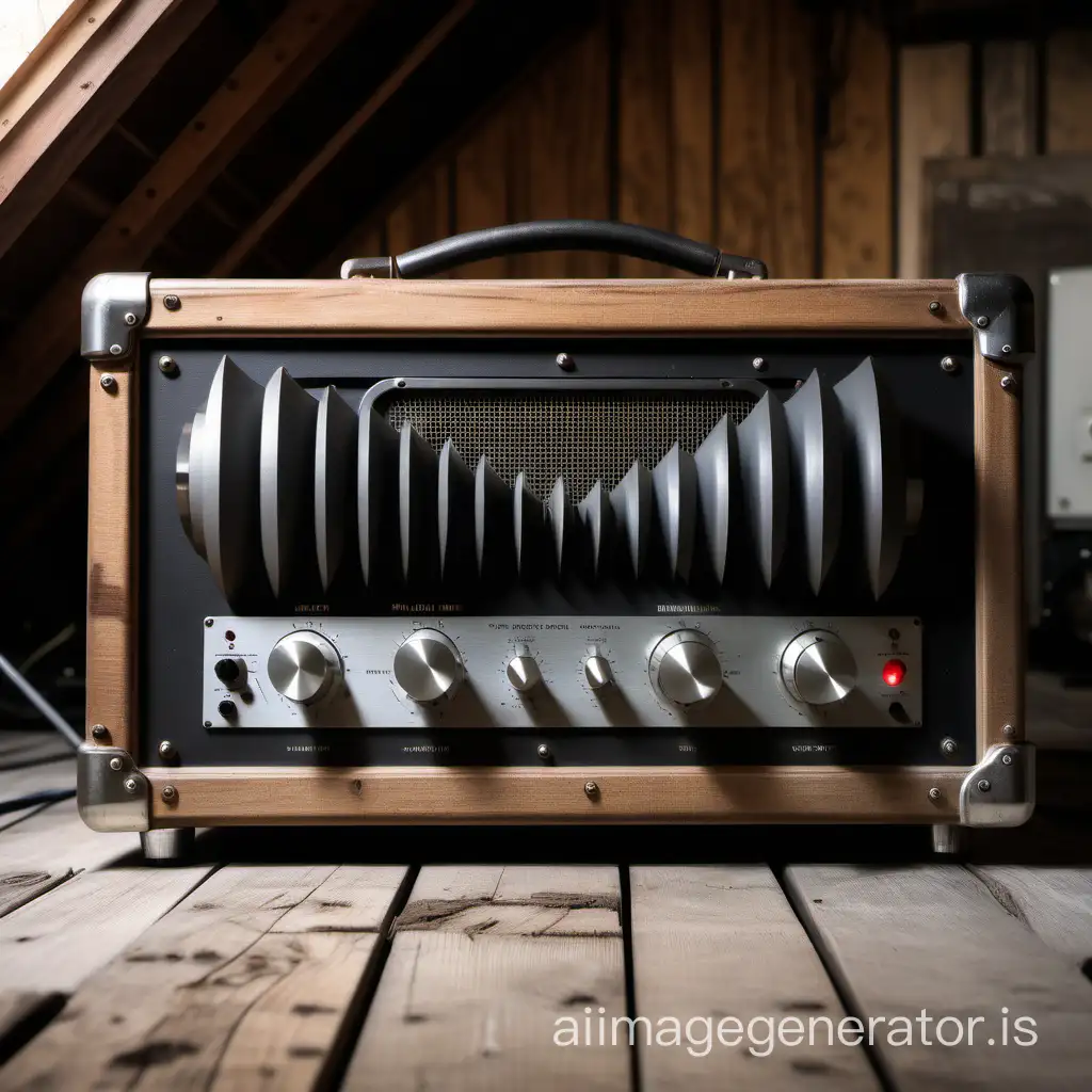 audio power amplifier in vintage Fallout style, in a wooden case, in a dusty attic