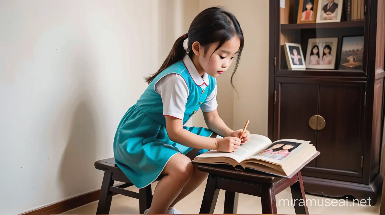 一个中国小女孩在一间书房里，
坐在小凳上，翻看一册大影集。