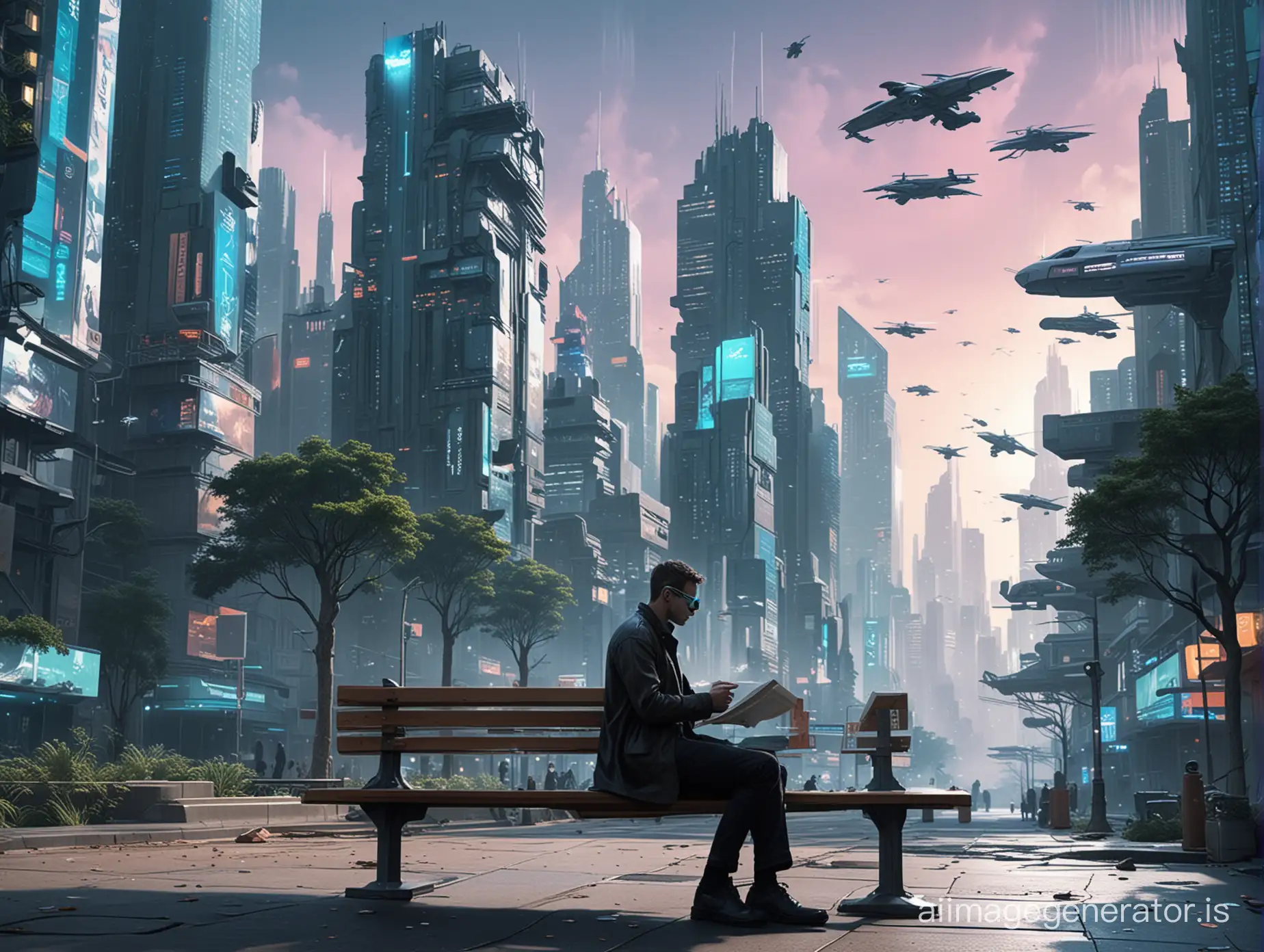 A sleek, futuristic city in the style of Blade Runner with interconnected buildings and flying vehicles. Everyone wears augmented reality glasses with a prominent logo, completely absorbed in the virtual world. Foreground: A lone person sits on a park bench, looking up at the sky with a longing expression, holding a book with a faded cover. Coloring: Cool blues and whites for the cityscape, vibrant colors for the AR displays, muted tones for the person and the book.