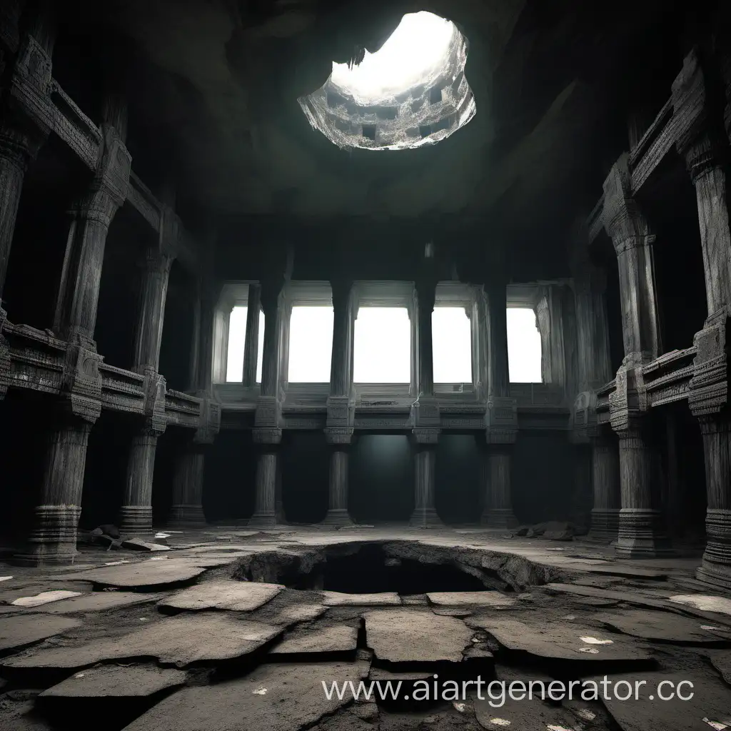 Мрачный храмовый зал с огромной дырой в бездну в полу